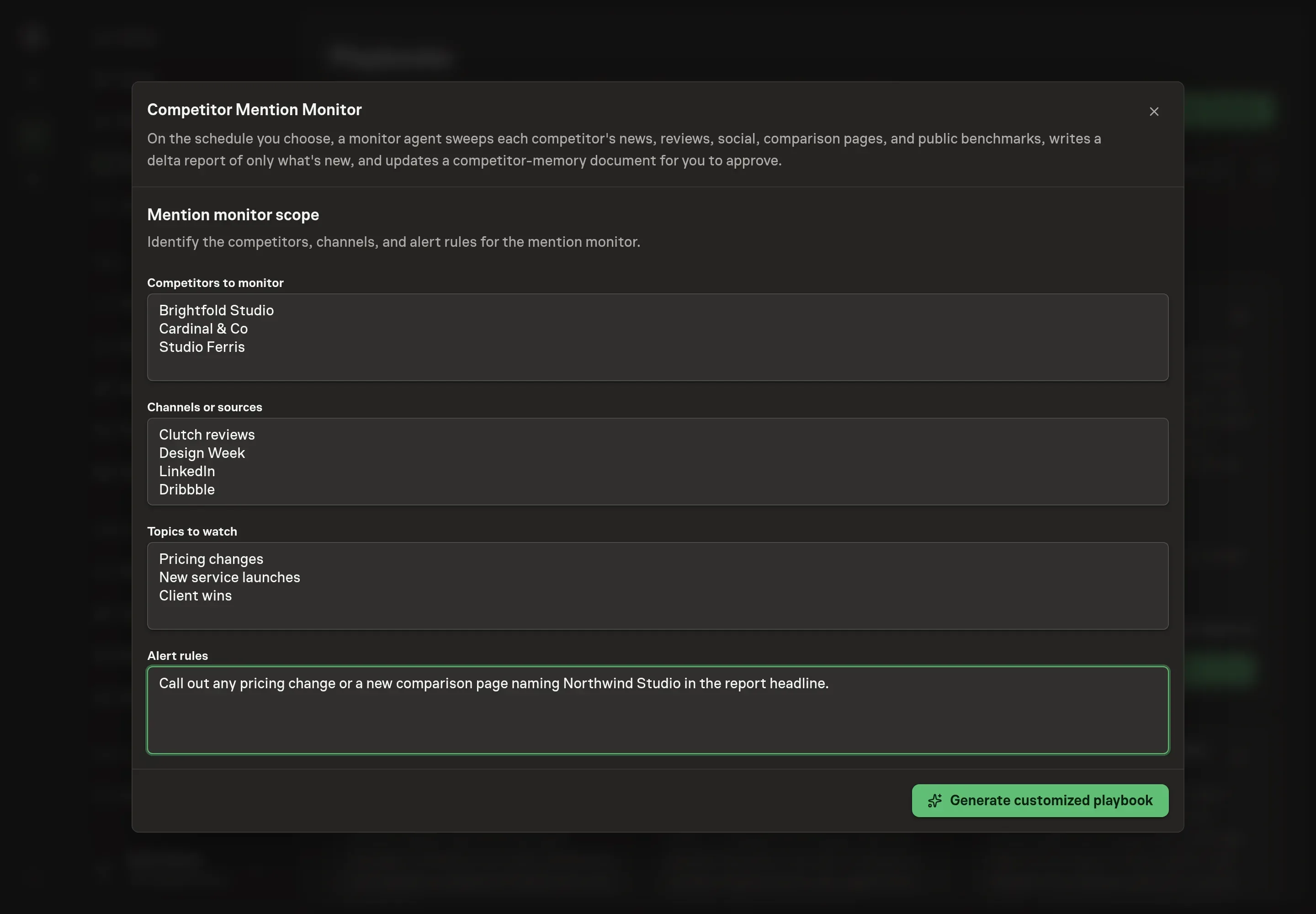 The setup form filled in for a design studio, listing three competitors to monitor, channels or sources, topics to watch, and an alert rule about pricing changes and new comparison pages