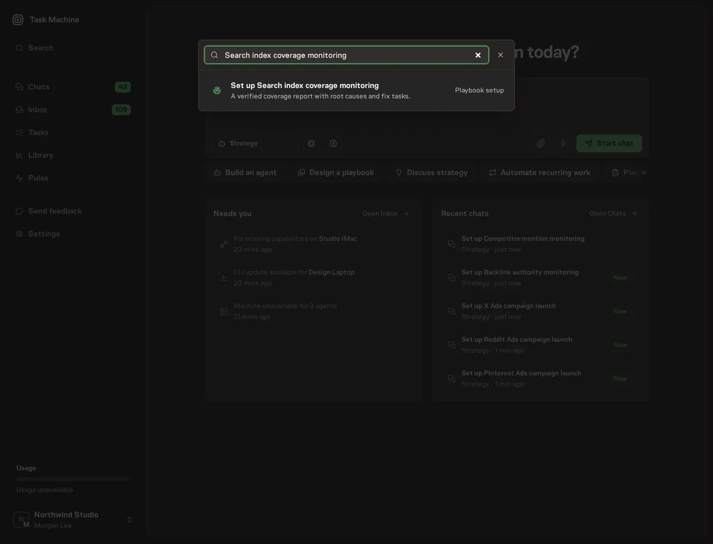 The command center offering Set up Search index coverage monitoring