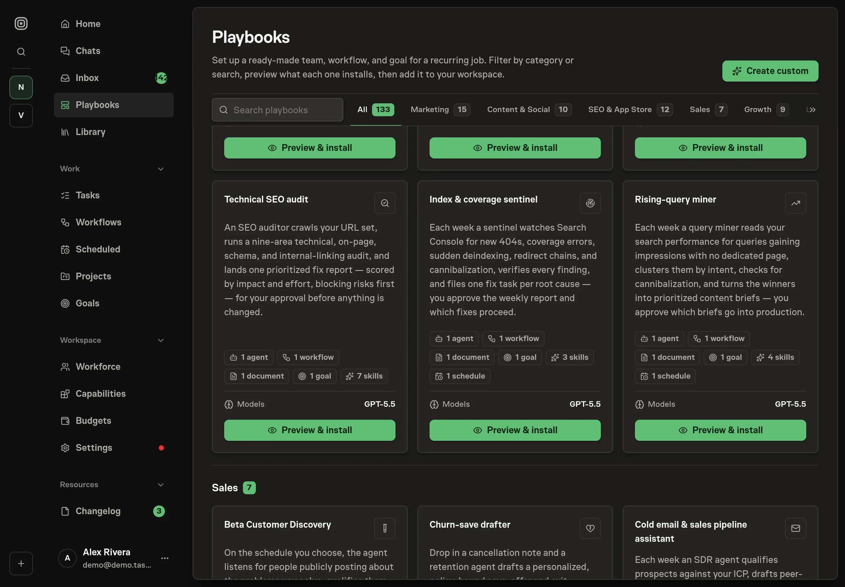 The playbook gallery with the Index & coverage sentinel card in the SEO category, listing the sentinel agent, workflow, document, goal, skills, schedule, and follow-ups