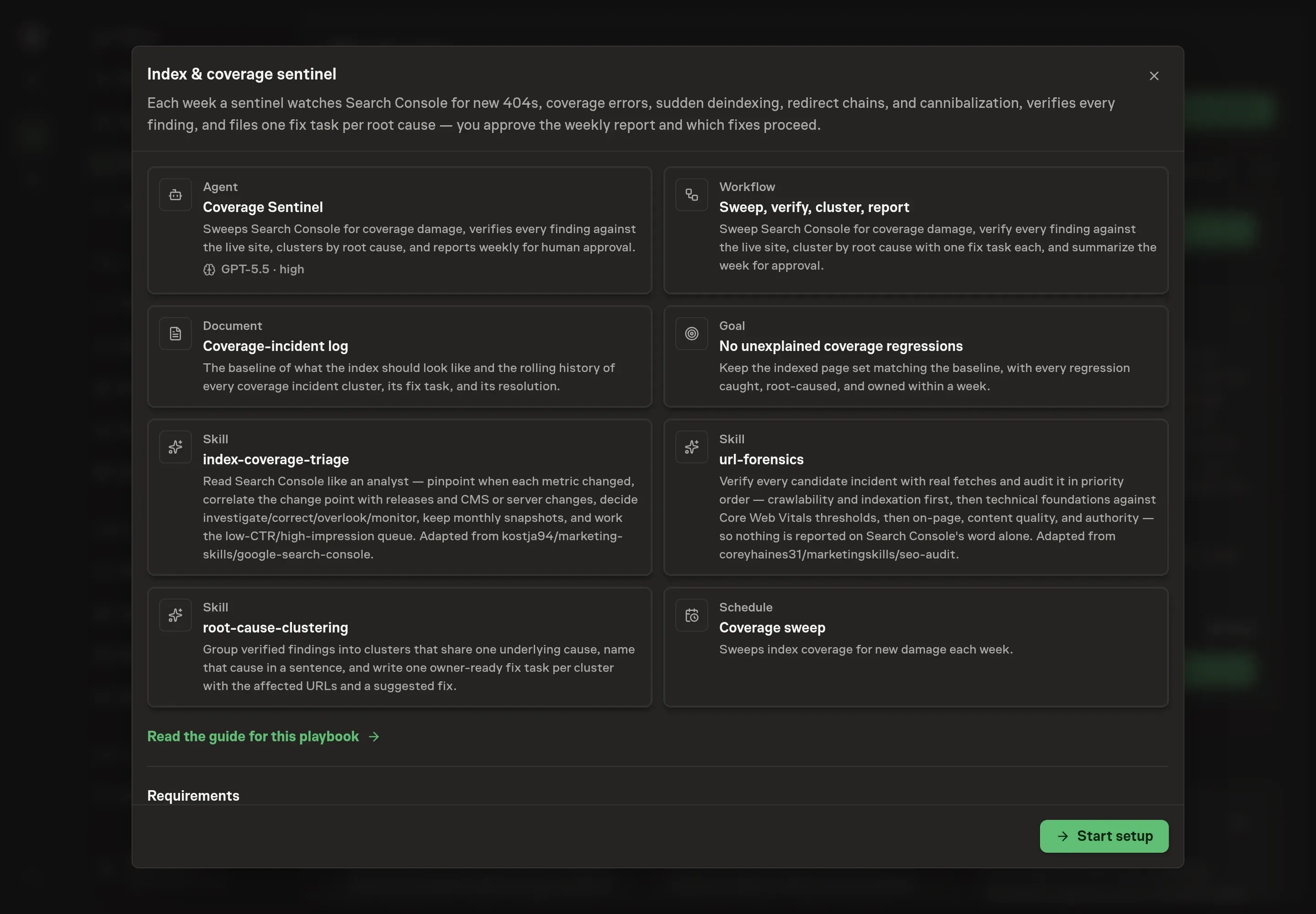 The Index & coverage sentinel preview listing the sentinel agent, weekly sweep workflow, incident log, goal, skills, schedule, and Start setup button