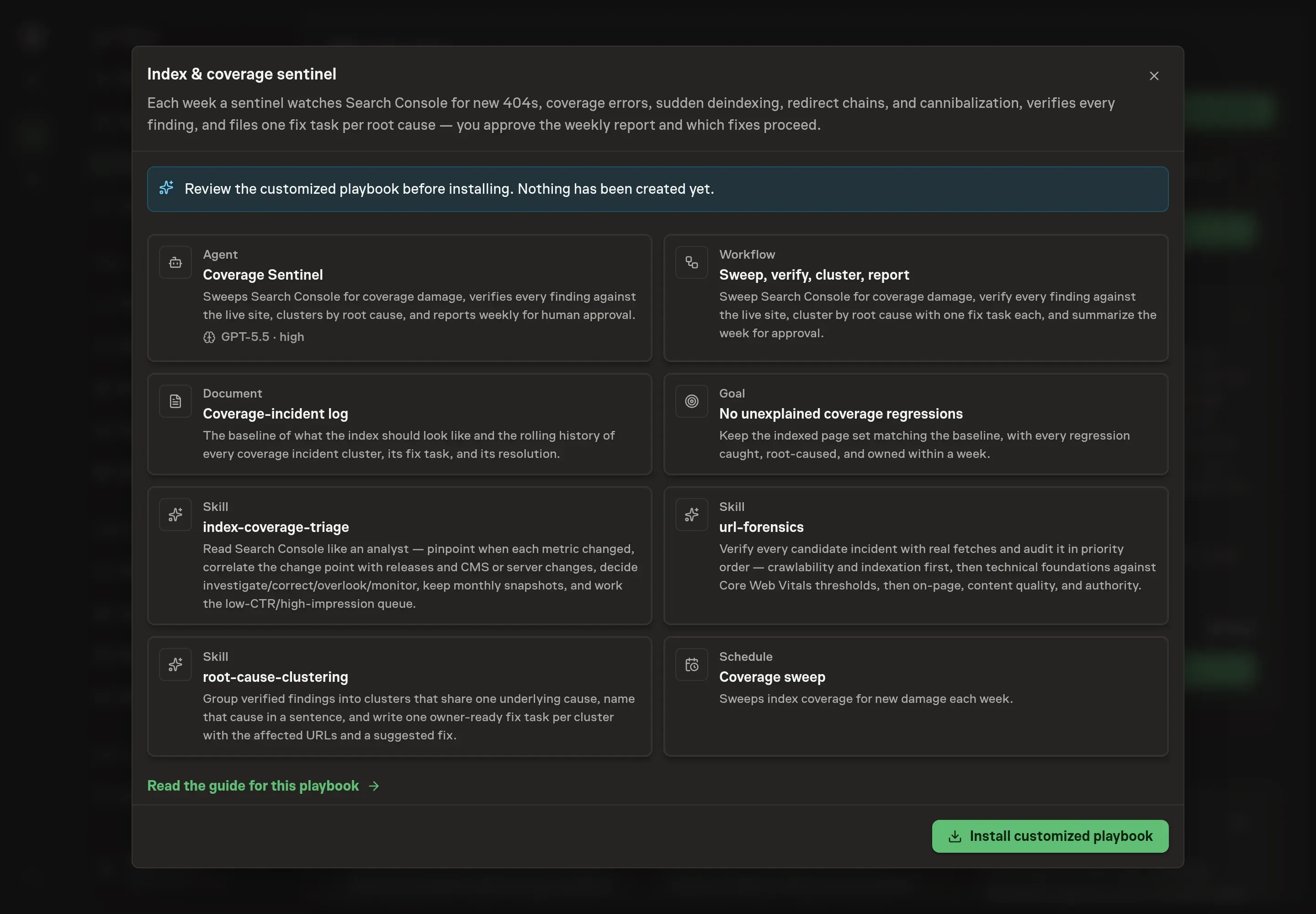 The review step showing the customized Coverage Sentinel, sweep workflow, incident log, goal, skills, and weekly schedule ready to install