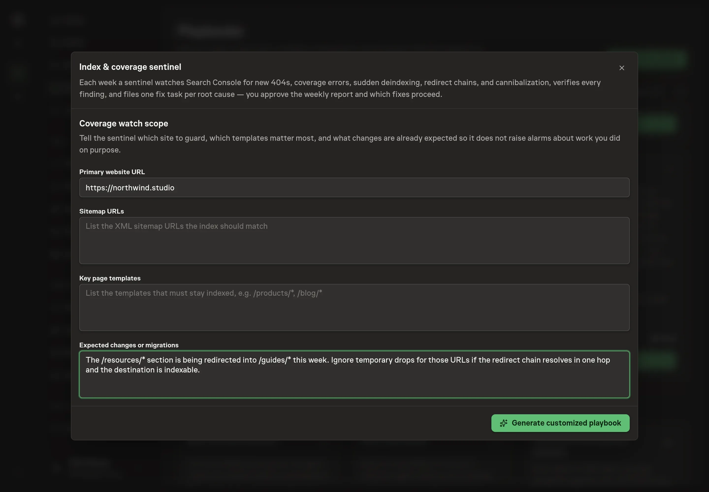 The setup form filled with the Northwind Studio website URL, sitemap URLs, key templates, and expected migration notes