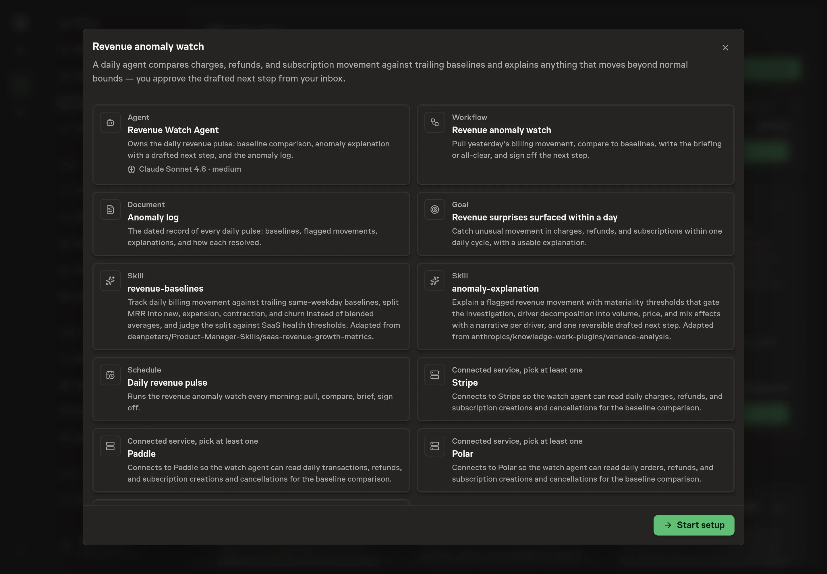 The Revenue anomaly watch preview listing the agent, workflow, anomaly log, revenue skills, Stripe, Paddle, Polar, and PayPal options, goal, and daily schedule with a Start setup button
