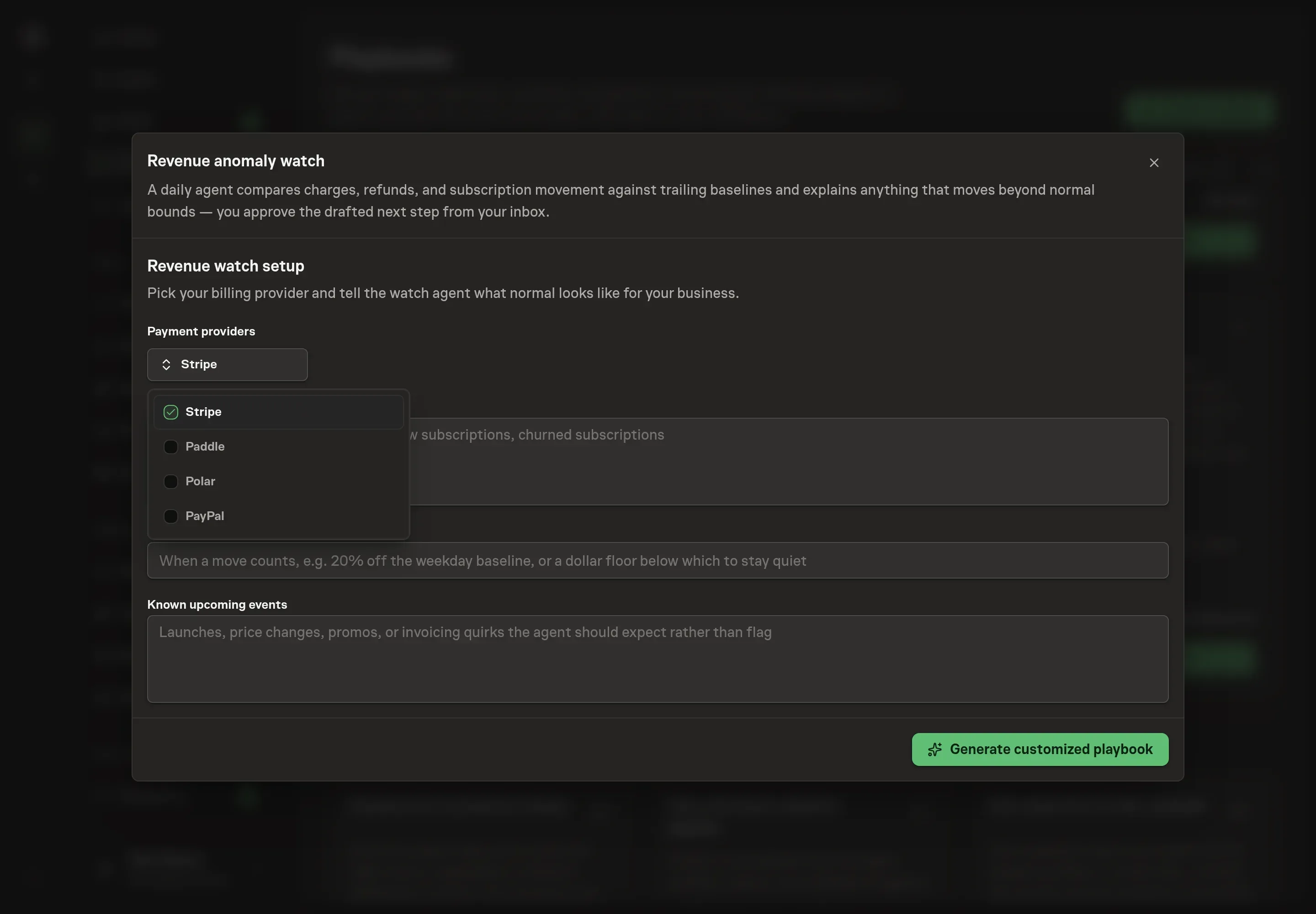 The payment providers picker open on the setup step, with Stripe selected and Paddle, Polar, and PayPal available