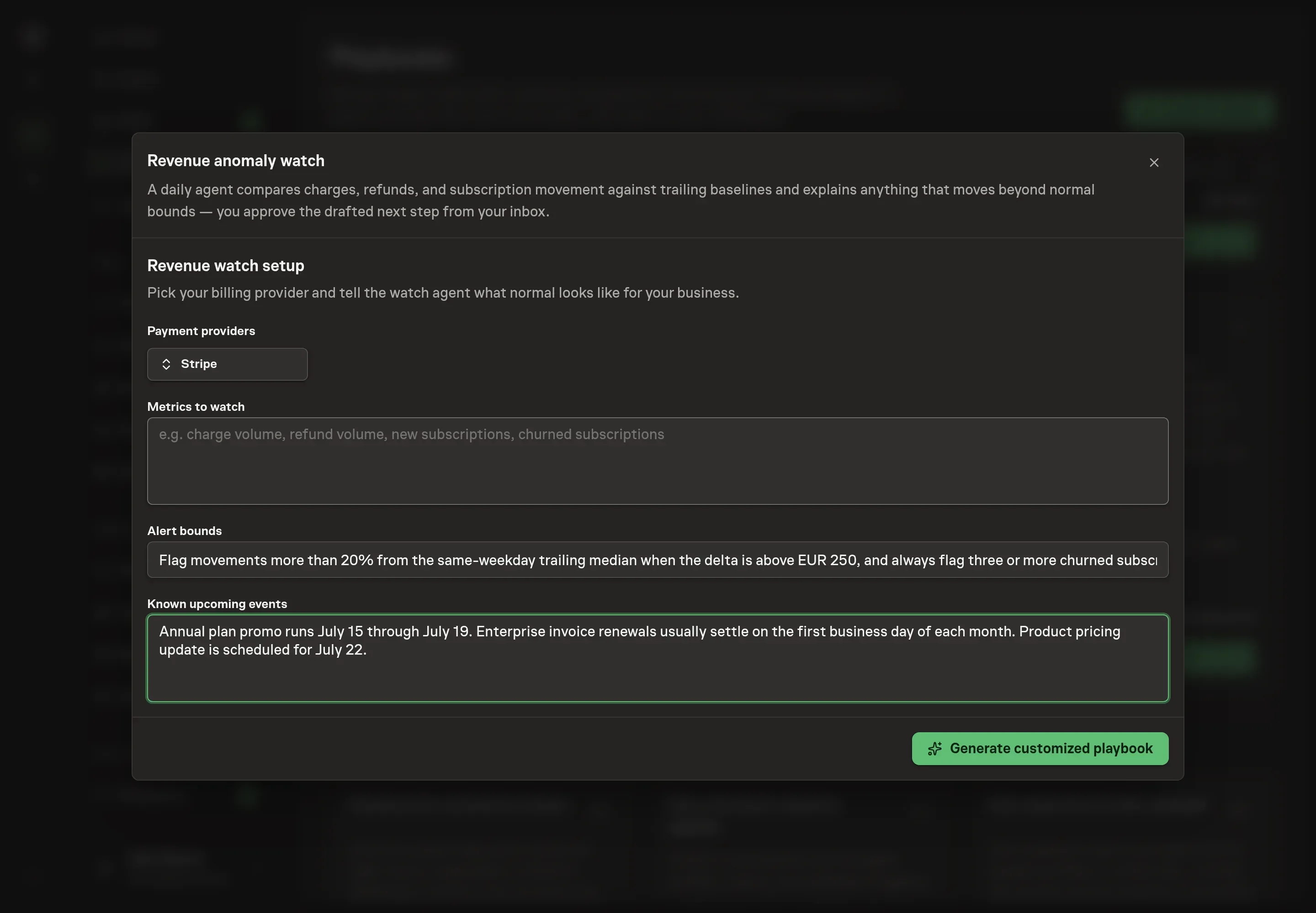 The setup form filled in with Stripe selected, charge and refund metrics, alert bounds, and known upcoming events for Northwind Studio