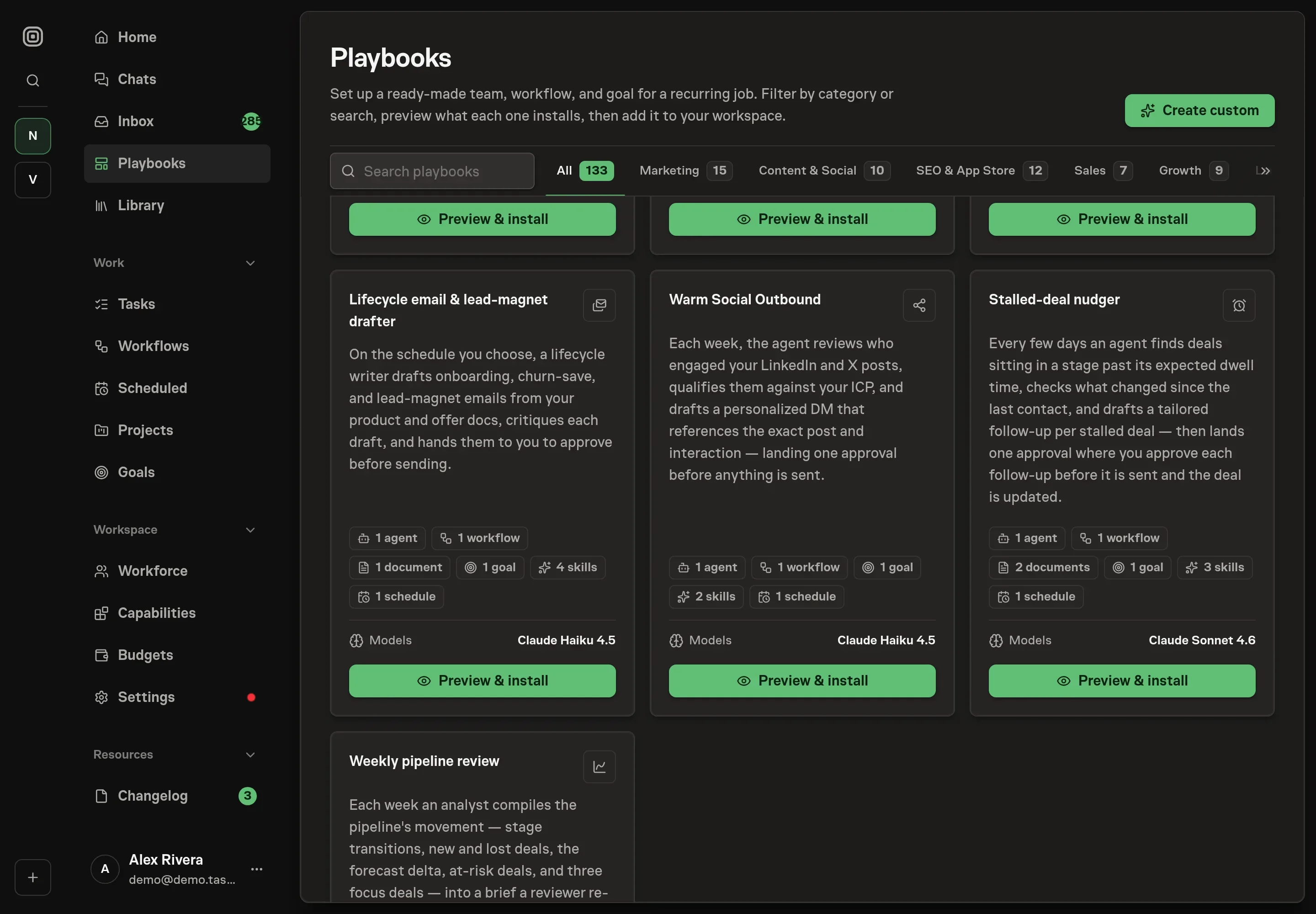 The playbook gallery with the Stalled-deal nudger card in the Sales category, listing the agent, workflow, dwell rules, stall-pattern log, goal, skills, schedule, and CRM services