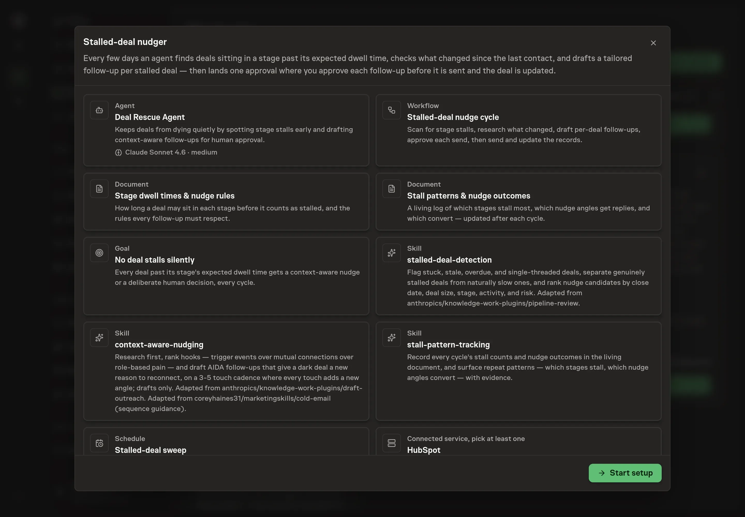 The Stalled-deal nudger preview listing the Deal Nudger, recurring nudge workflow, dwell rules, stall-pattern log, goal, schedule, HubSpot, and Attio, with a Start setup button