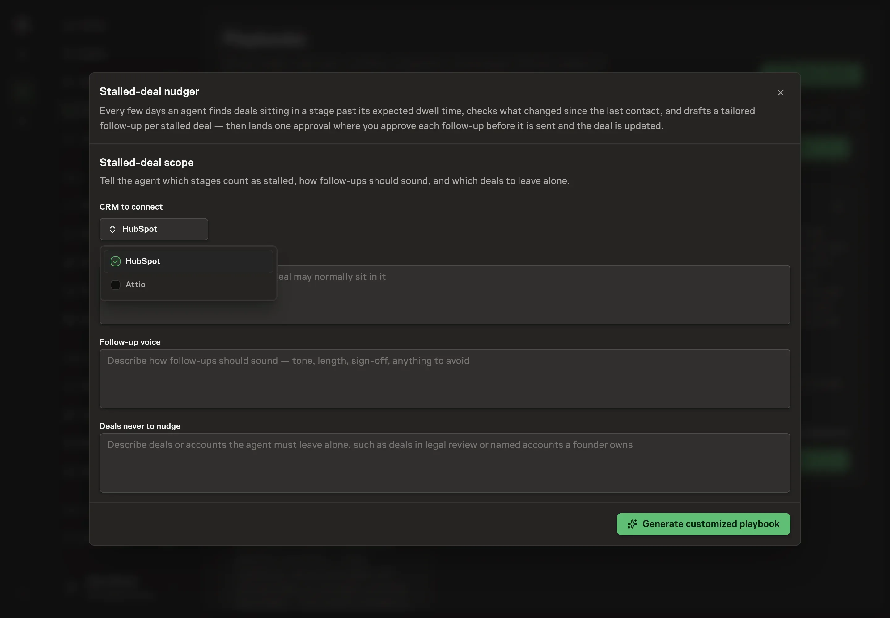 The CRM picker open on the setup step, with HubSpot selected and Attio available