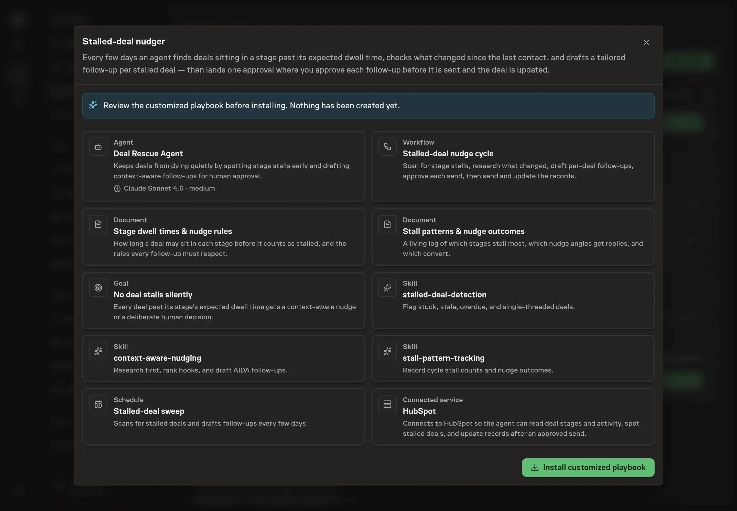 The review step showing the customized Deal Nudger, workflow, dwell rules, stall-pattern log, HubSpot service, goal, and schedule before installation