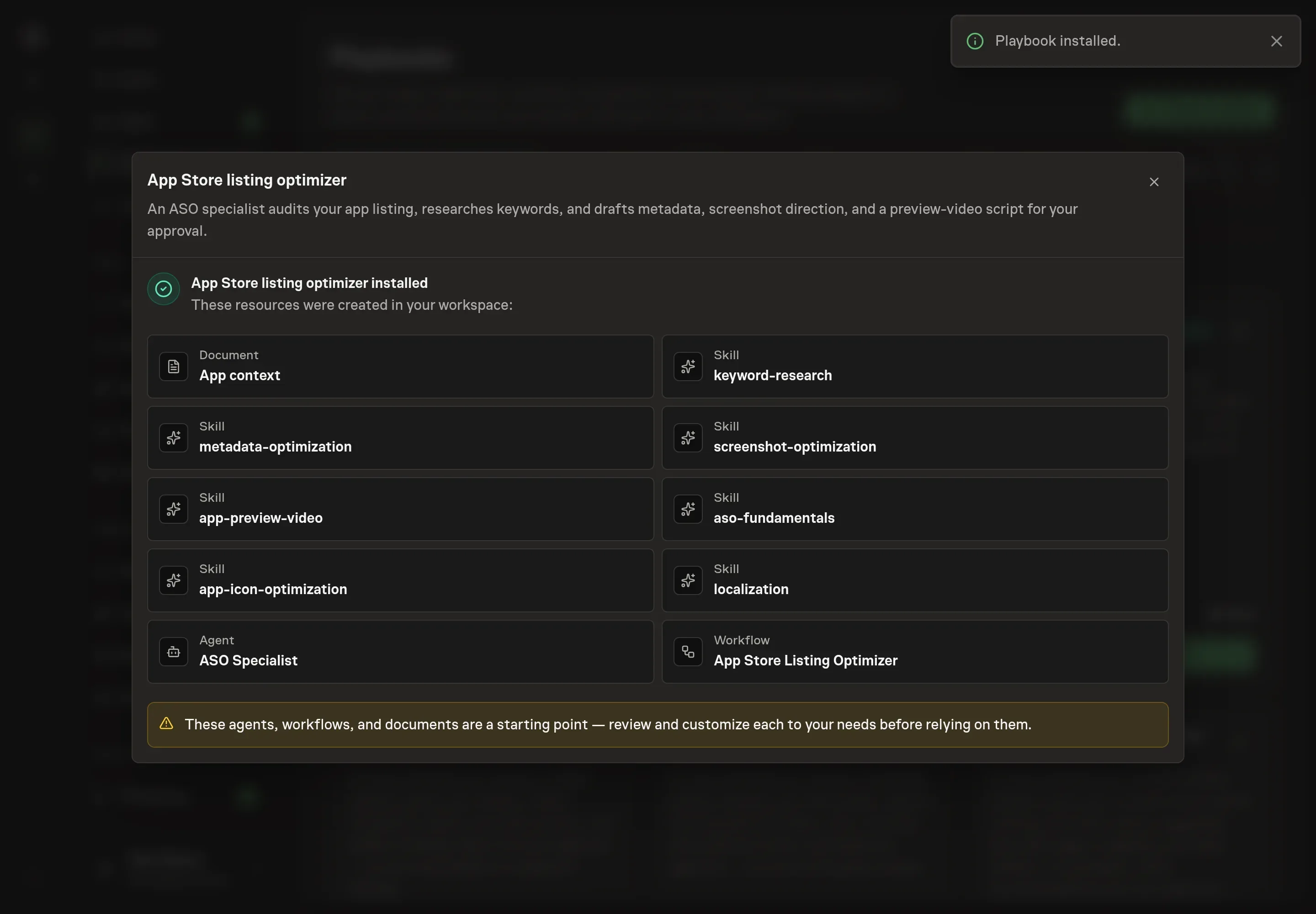 The install confirmation listing the created app context document, the seven skills, the ASO Specialist agent, and the workflow, with a Playbook installed notice