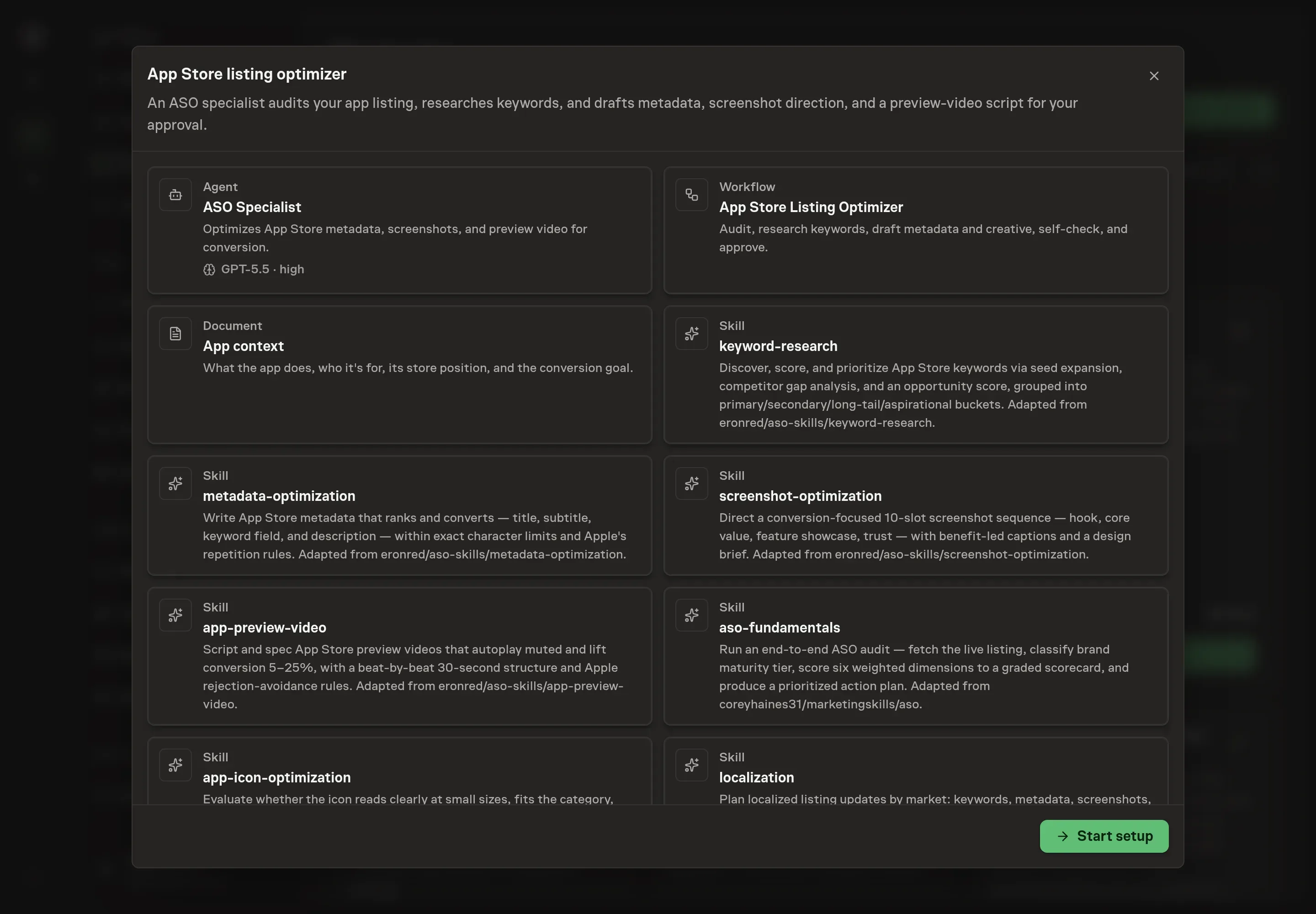 The App Store listing optimizer preview listing the ASO Specialist agent, the workflow, the app context document, and the seven skills, with a Start setup button