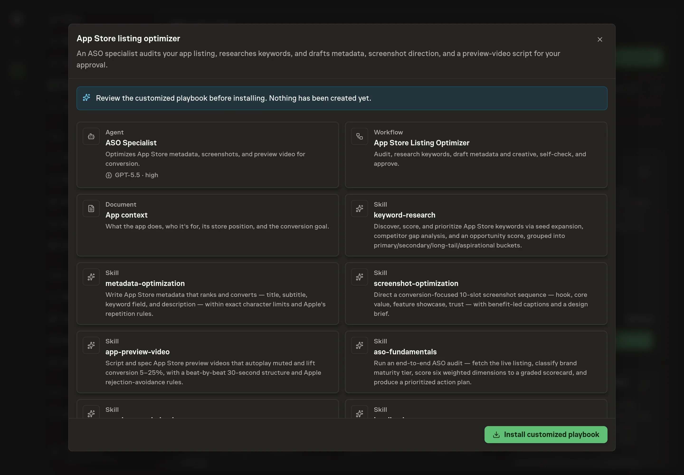 The review step showing the customized ASO Specialist agent, workflow, app context document, and skills, with a banner confirming nothing has been created yet