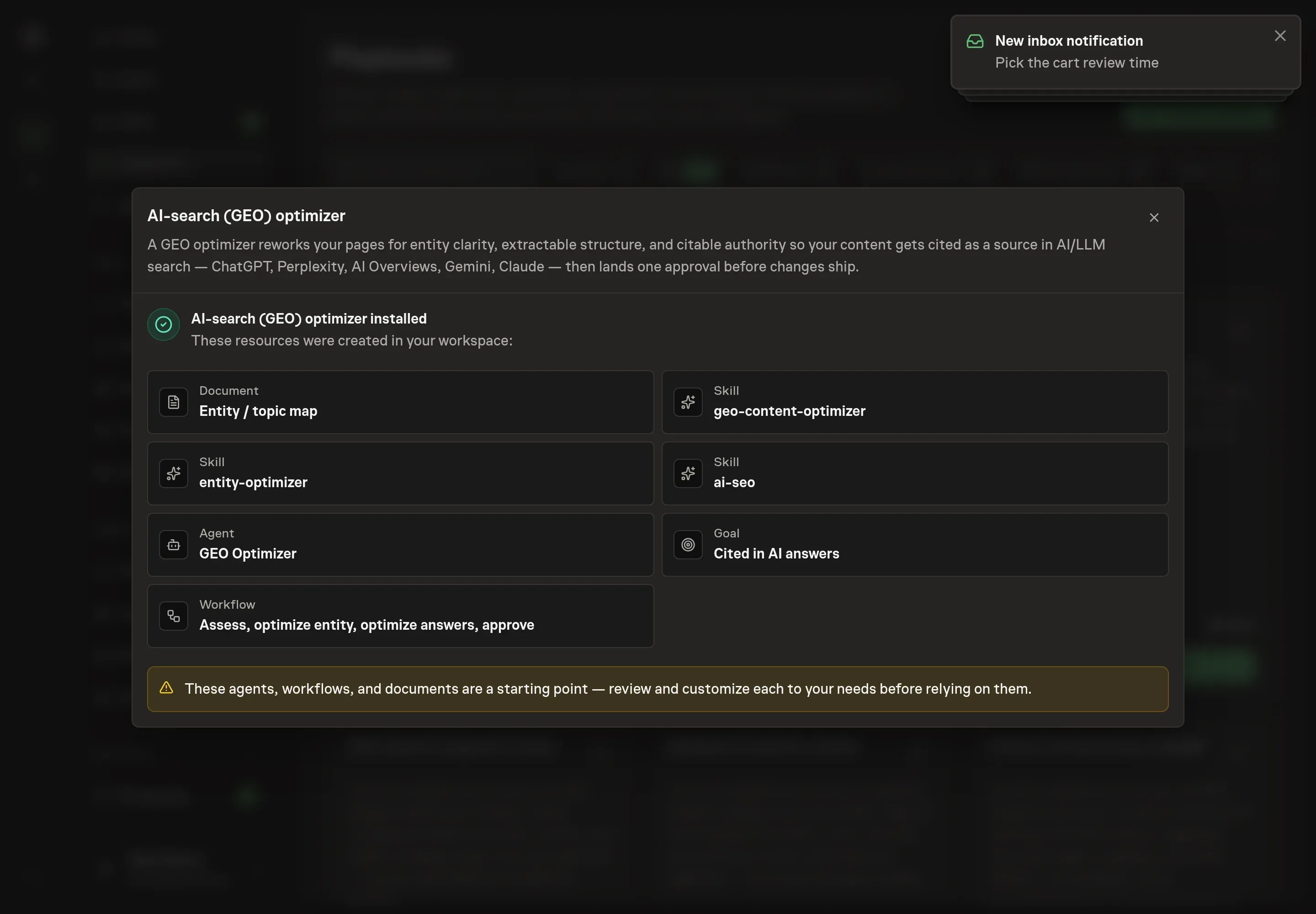 The install confirmation listing the created entity / topic map document, all three skills, the GEO Optimizer agent, the goal, and the workflow, with a Playbook installed notice