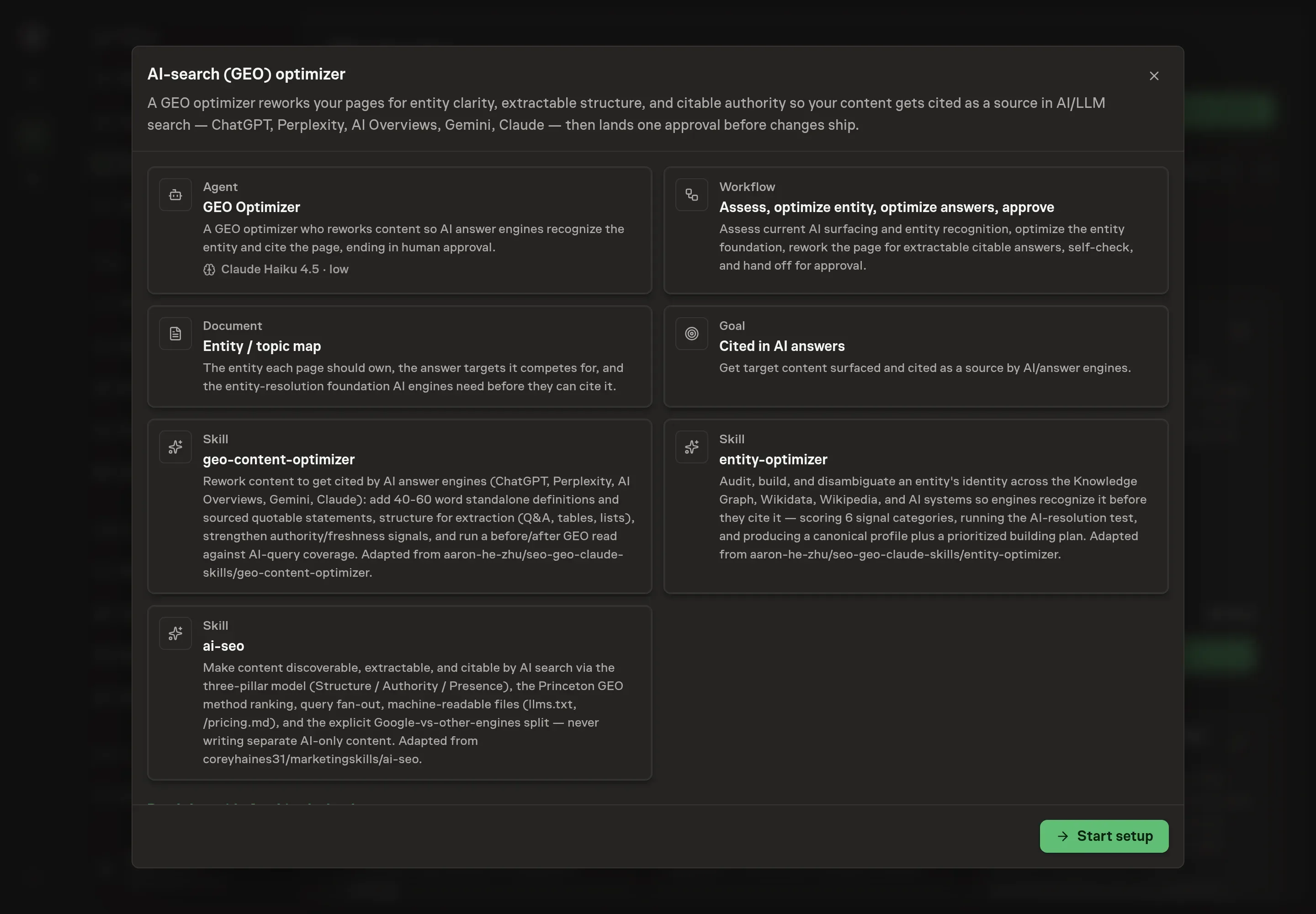 The AI-search (GEO) optimizer preview listing the GEO Optimizer agent, the workflow, the entity / topic map document, the goal, and all three skills, with a Start setup button