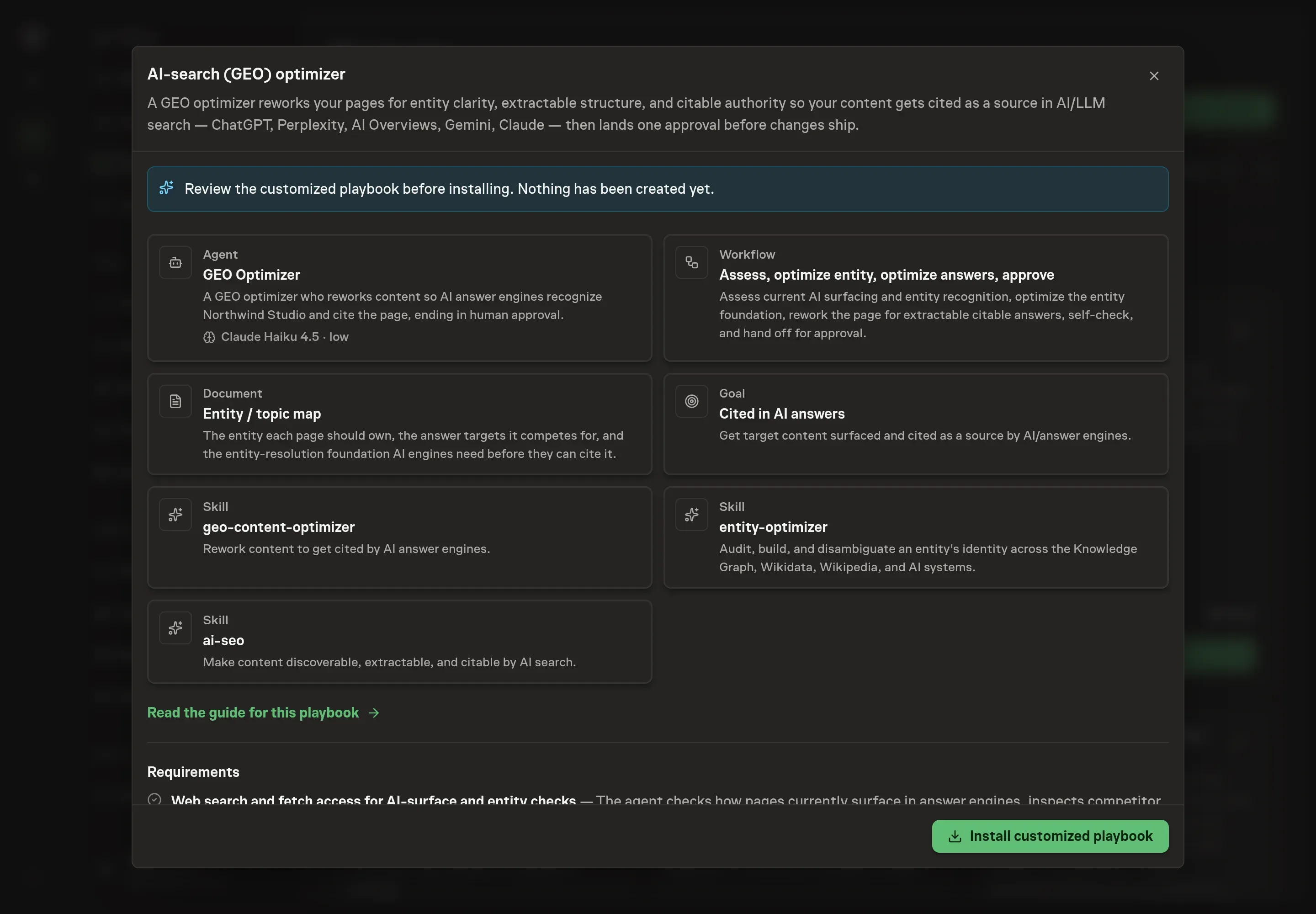 The review step showing the customized GEO Optimizer agent, workflow, entity / topic map, goal, and skills, with a banner confirming nothing has been created yet