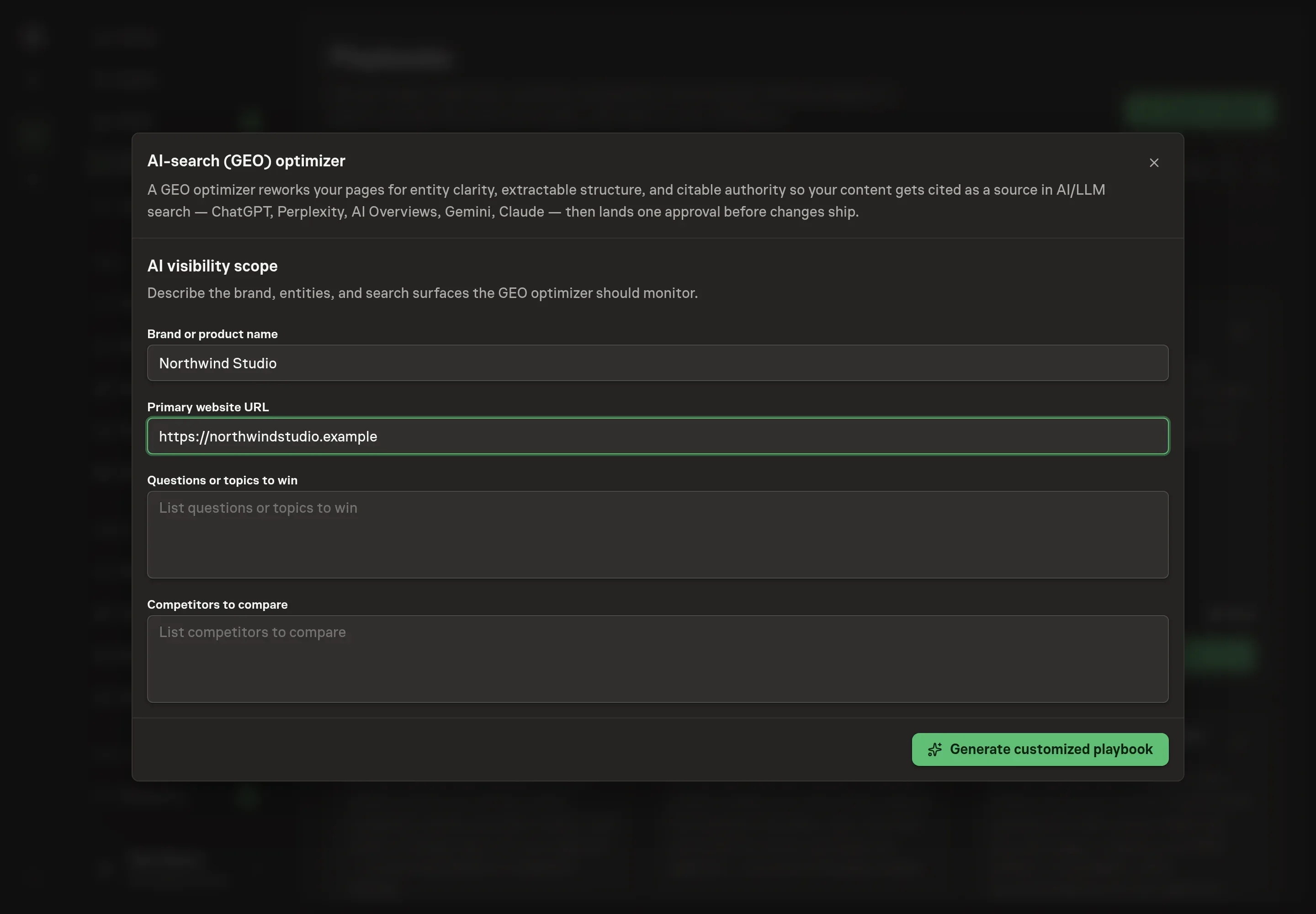 The setup form filled in for a design studio: brand name, primary website URL, three questions to win, and two competitors to compare