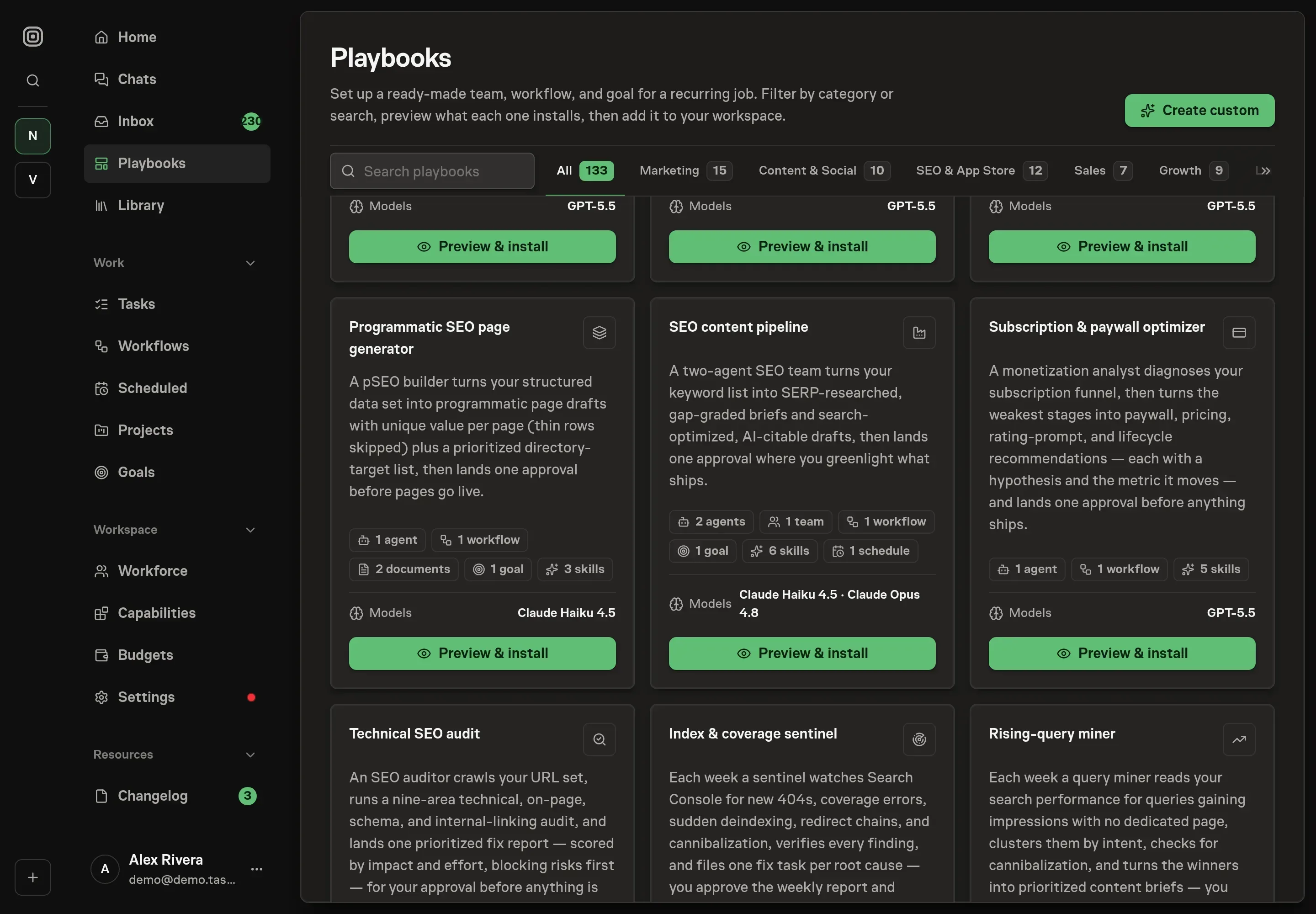 The playbook gallery with the Subscription and paywall optimizer card, listing the analyst, workflow, skills, and payment services it installs