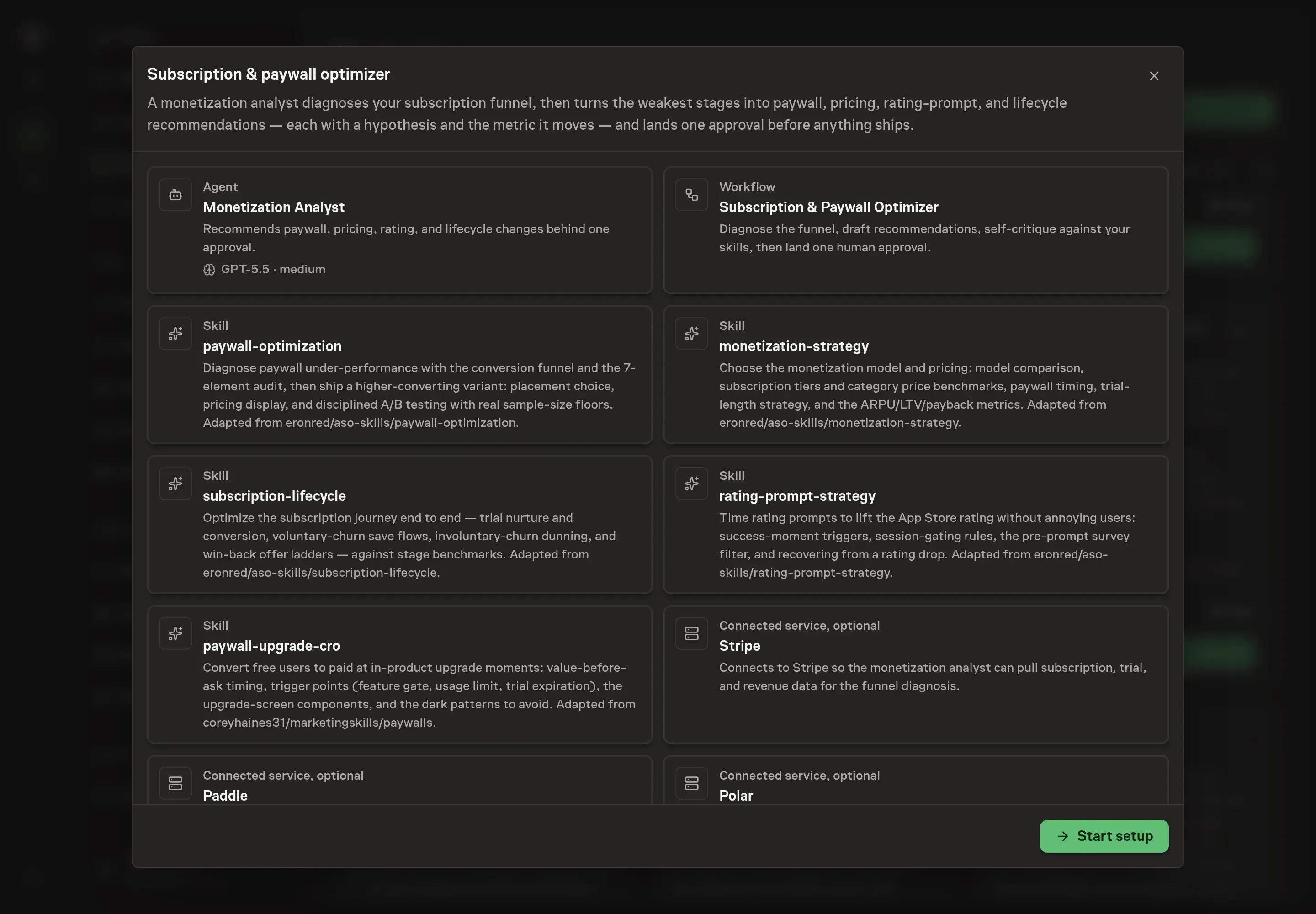 The Subscription and paywall optimizer preview listing the analyst, workflow, five skills, and Stripe, Paddle, Polar, and PayPal as pick-at-least-one services, with a Start setup button