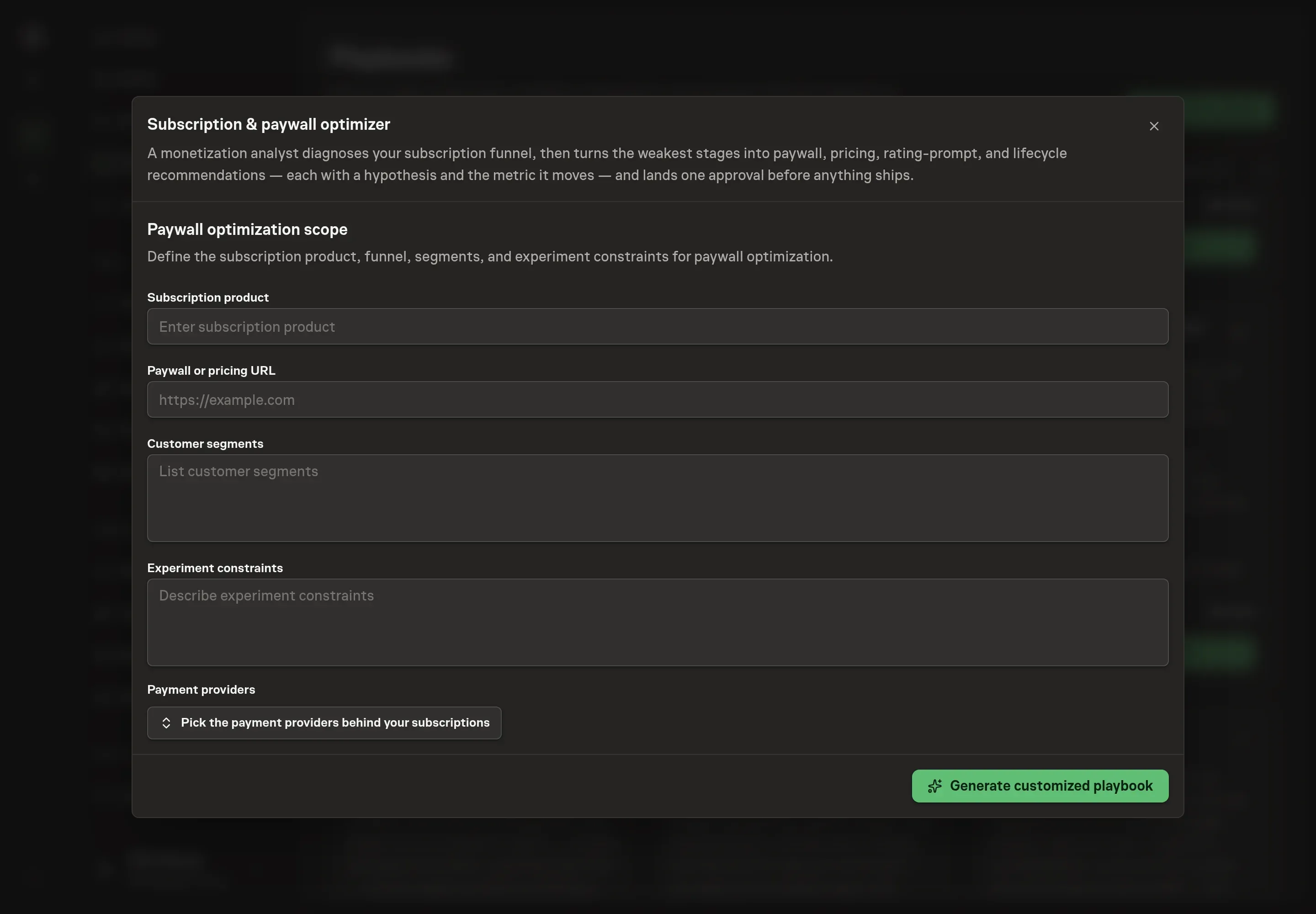 The payment providers picker open on the setup step, with Stripe selected and Paddle, Polar, and PayPal available