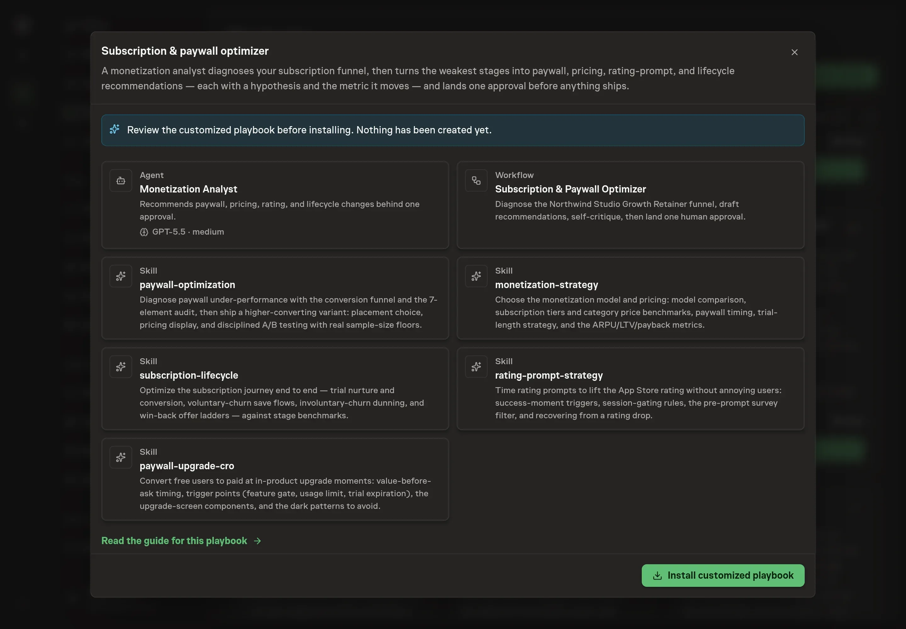 The review step showing the customized Monetization Analyst, optimization workflow, skills, selected Stripe service, and subscription scope