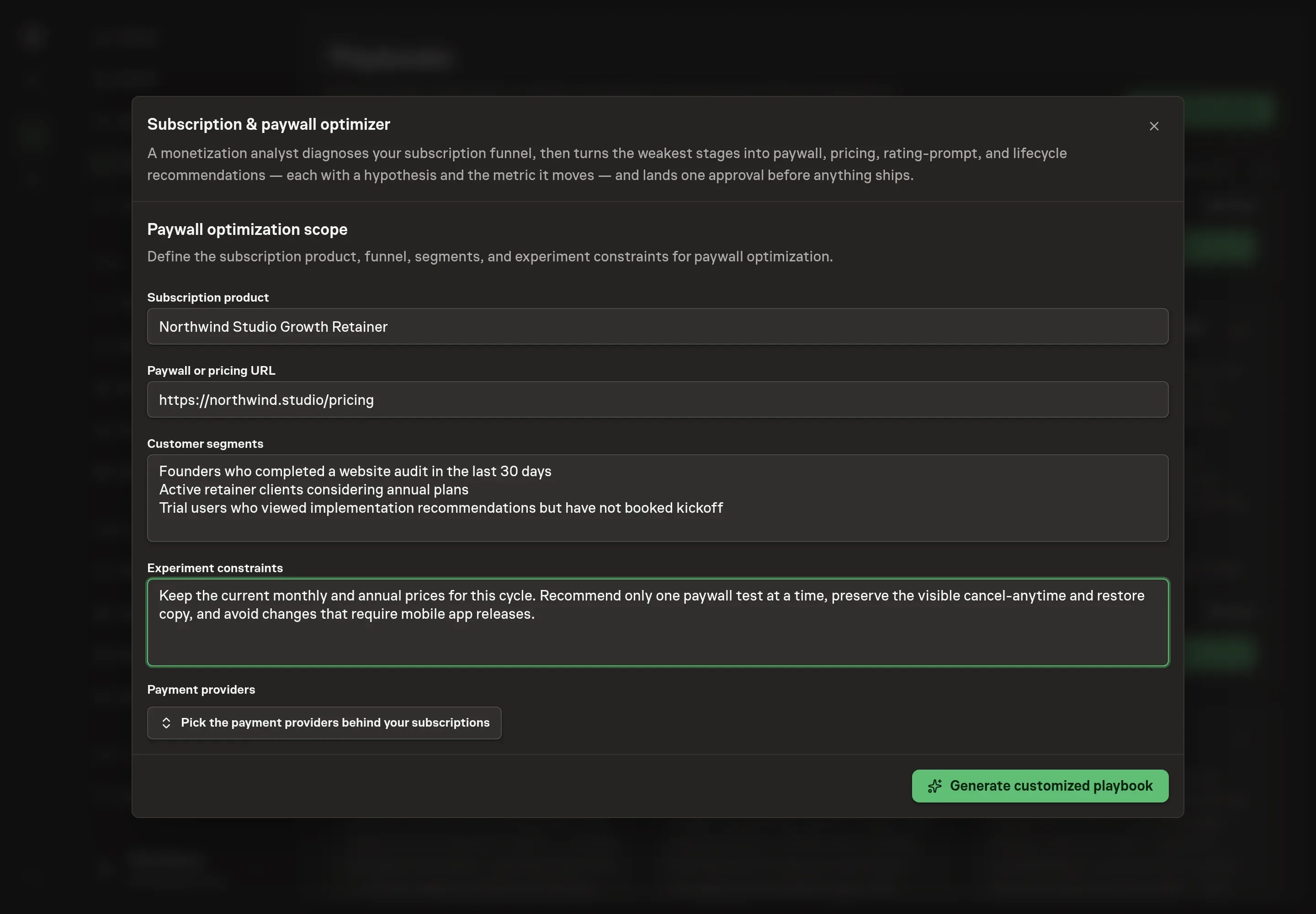 The setup form filled in with a subscription product, pricing URL, customer segments, experiment constraints, and Stripe selected