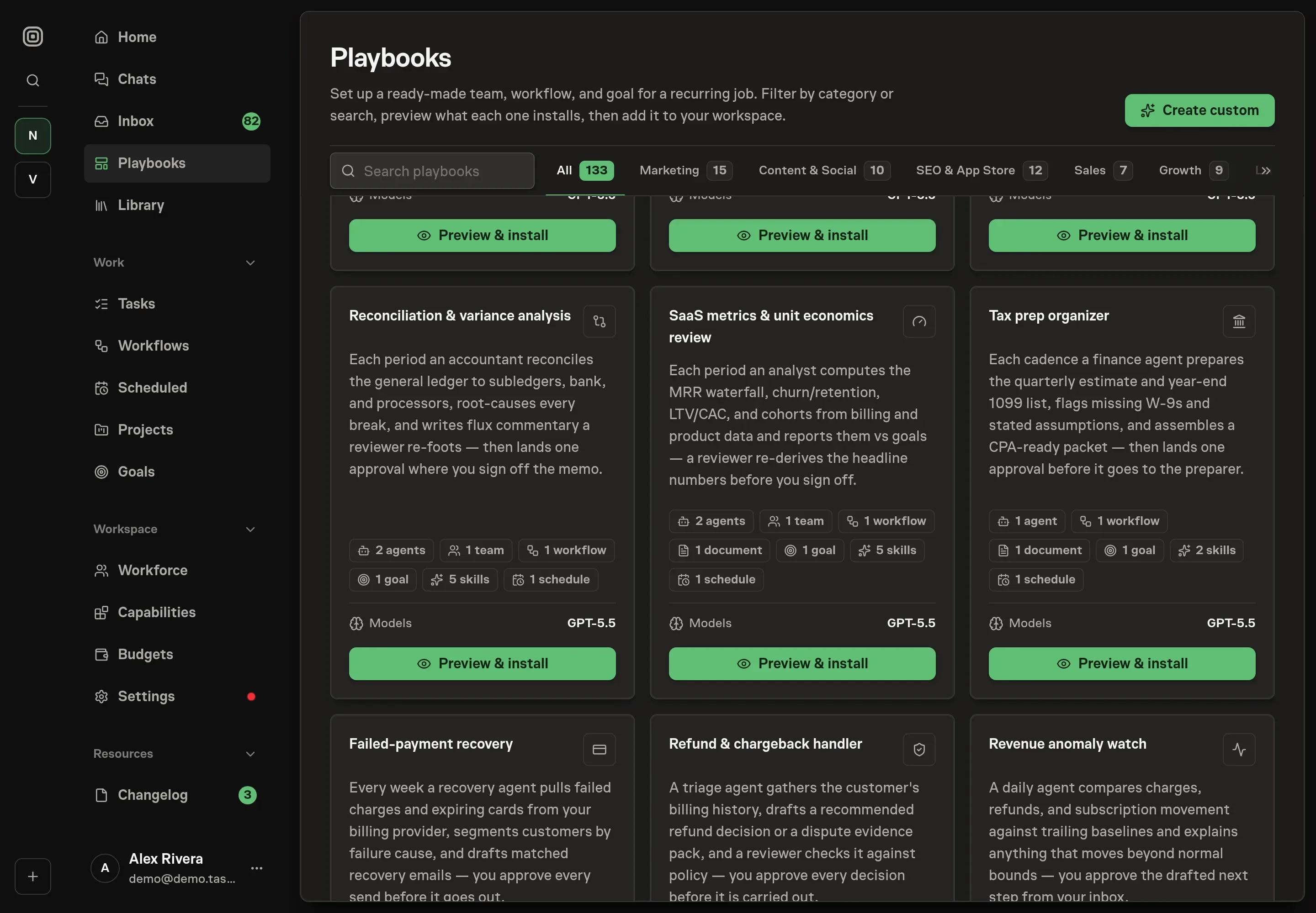 The playbook gallery with the Tax prep organizer card in the Finance category, listing the finance agent, workflow, checklist document, goal, skills, and schedule