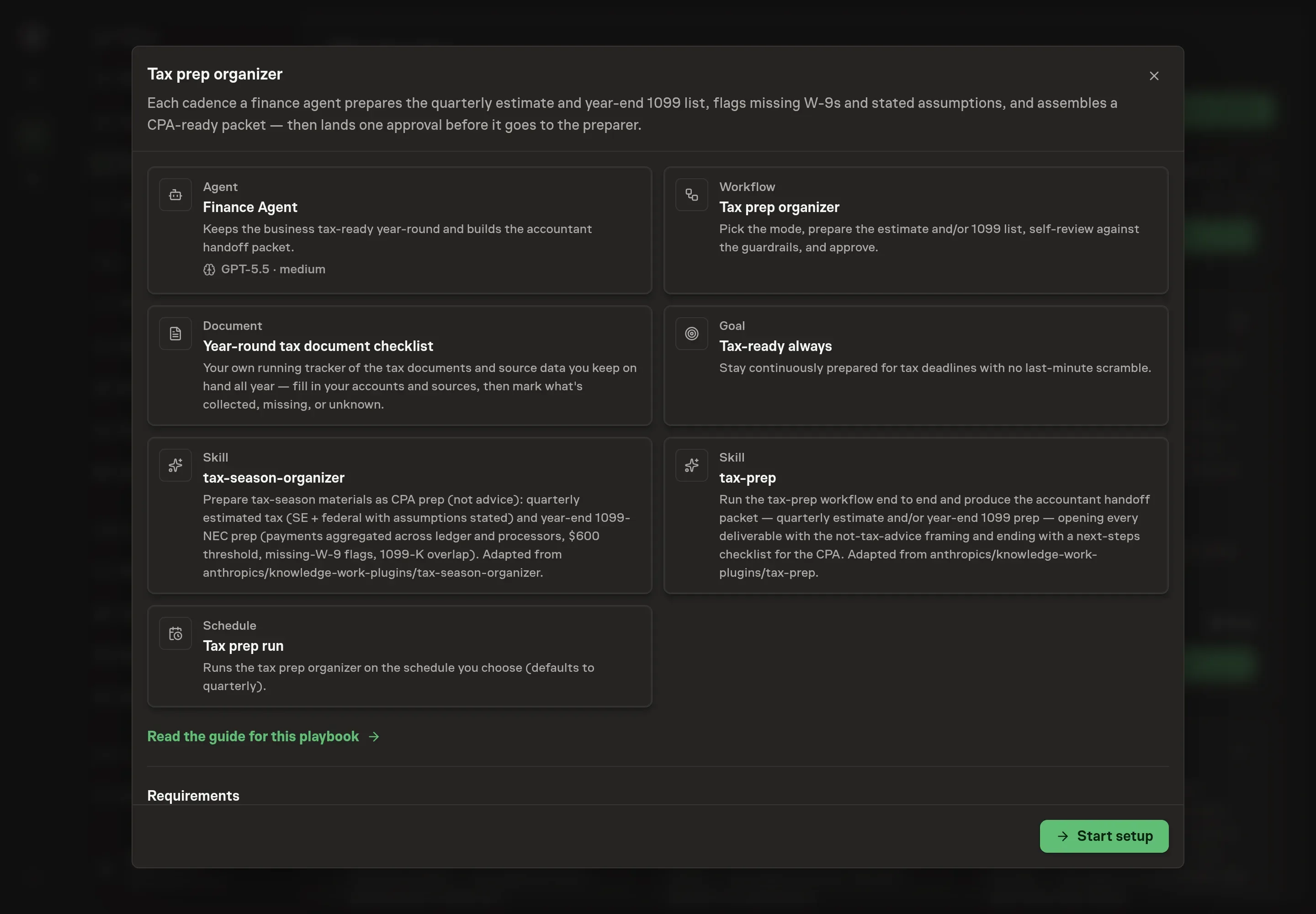 The Tax prep organizer preview listing the finance agent, workflow, checklist document, tax-ready goal, skills, and quarterly schedule, with a Start setup button