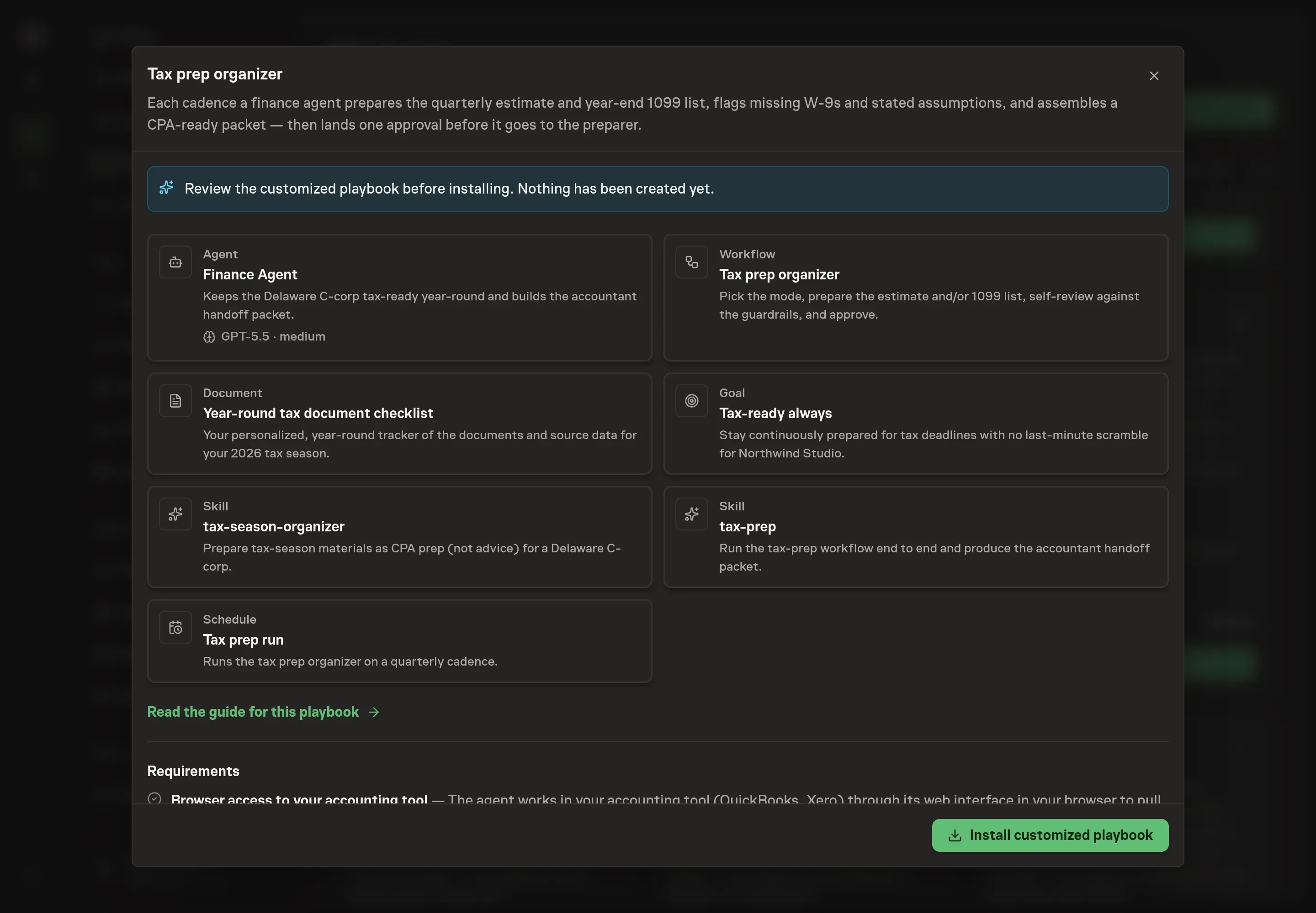 The review step showing the customized tax prep agent, workflow, checklist, goal, skills, and schedule before installation