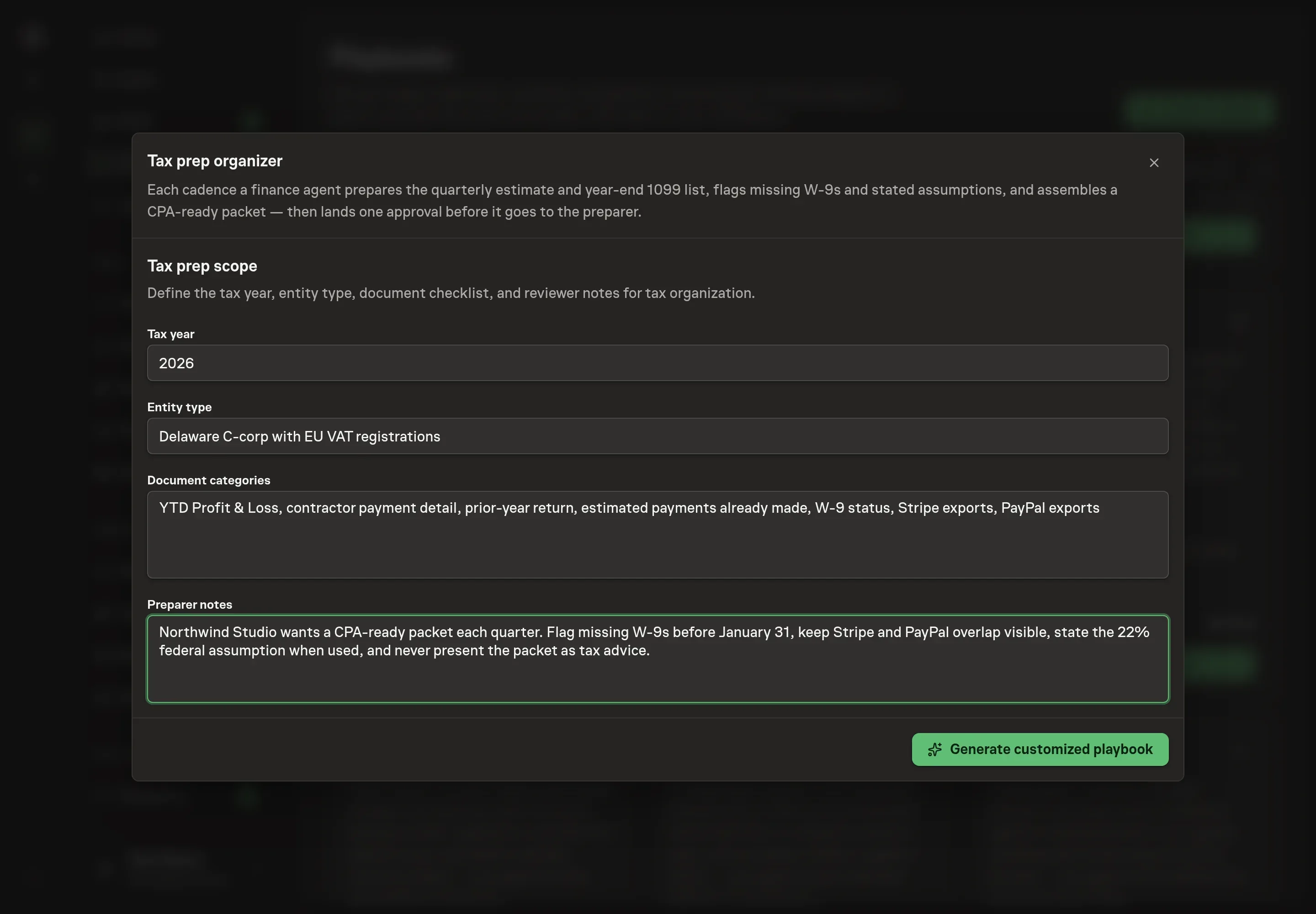 The setup form filled in with the tax year, entity type, document categories, and preparer notes for Northwind Studio