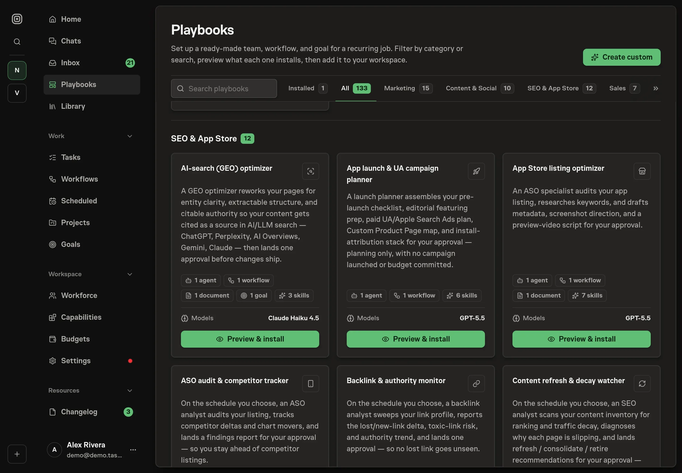 The playbook gallery with the App launch & UA campaign planner card in the Seo category, listing one agent, one workflow, and six skills