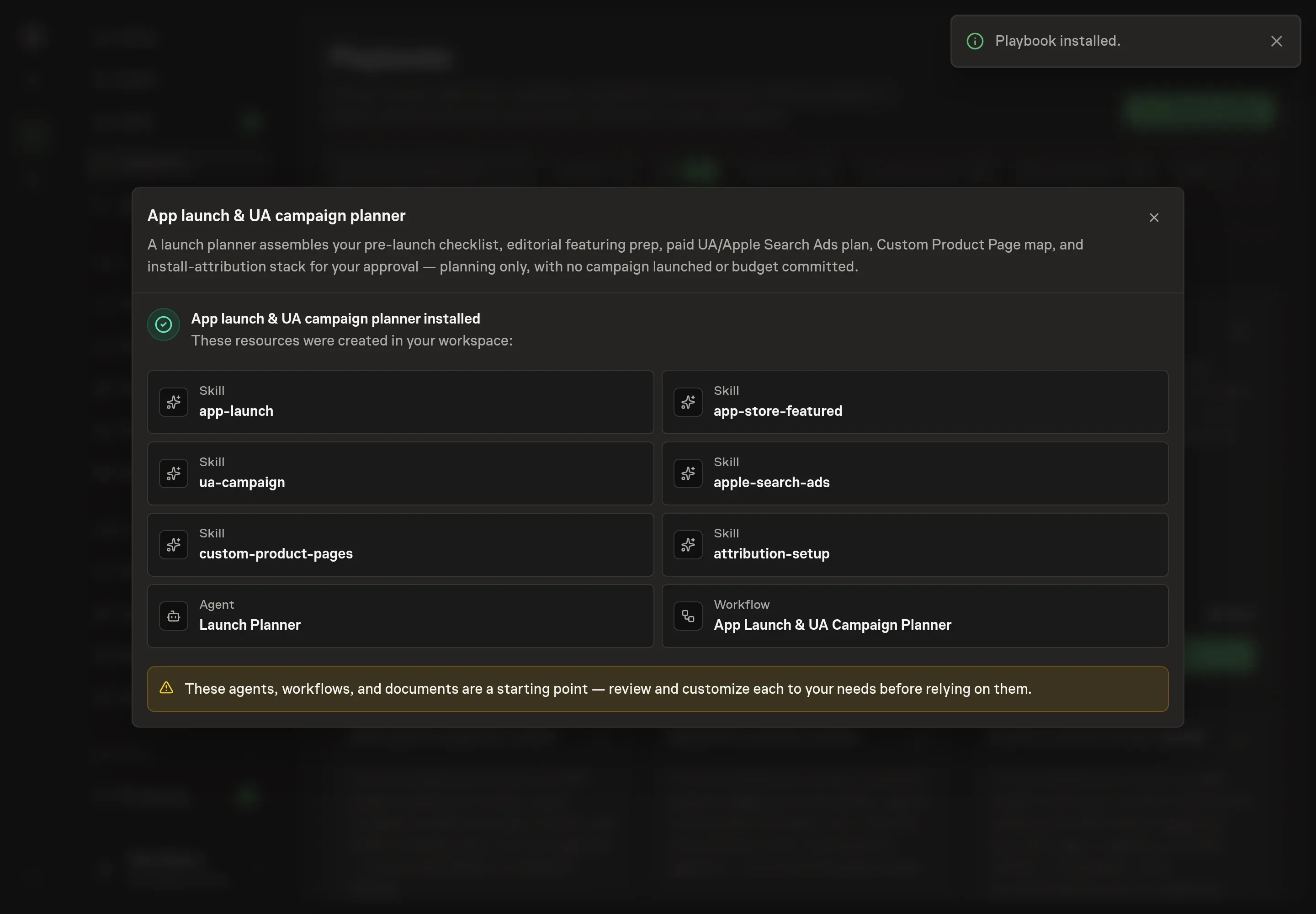 The install confirmation listing the created Launch Planner agent, the planning workflow, and the six skills, with a Playbook installed notice