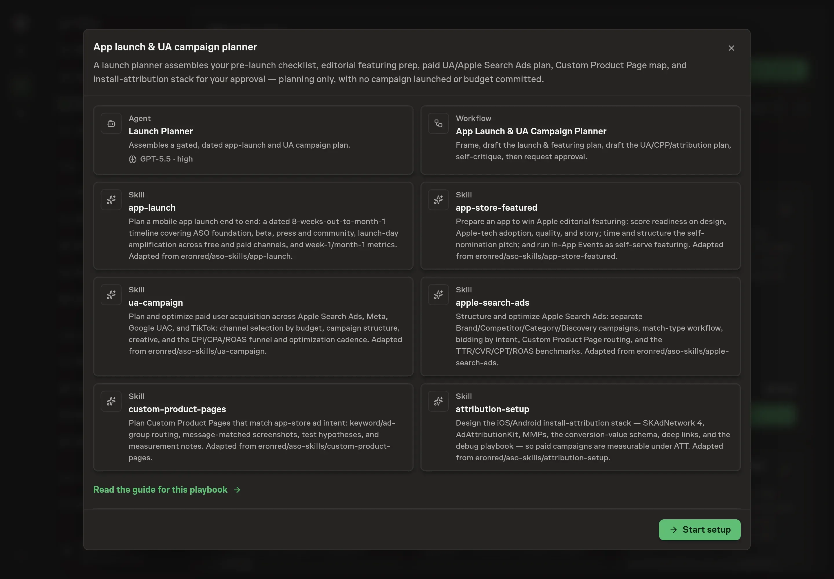 The App launch & UA campaign planner preview listing the Launch Planner agent, the planning workflow, and all six skills, with a Start setup button