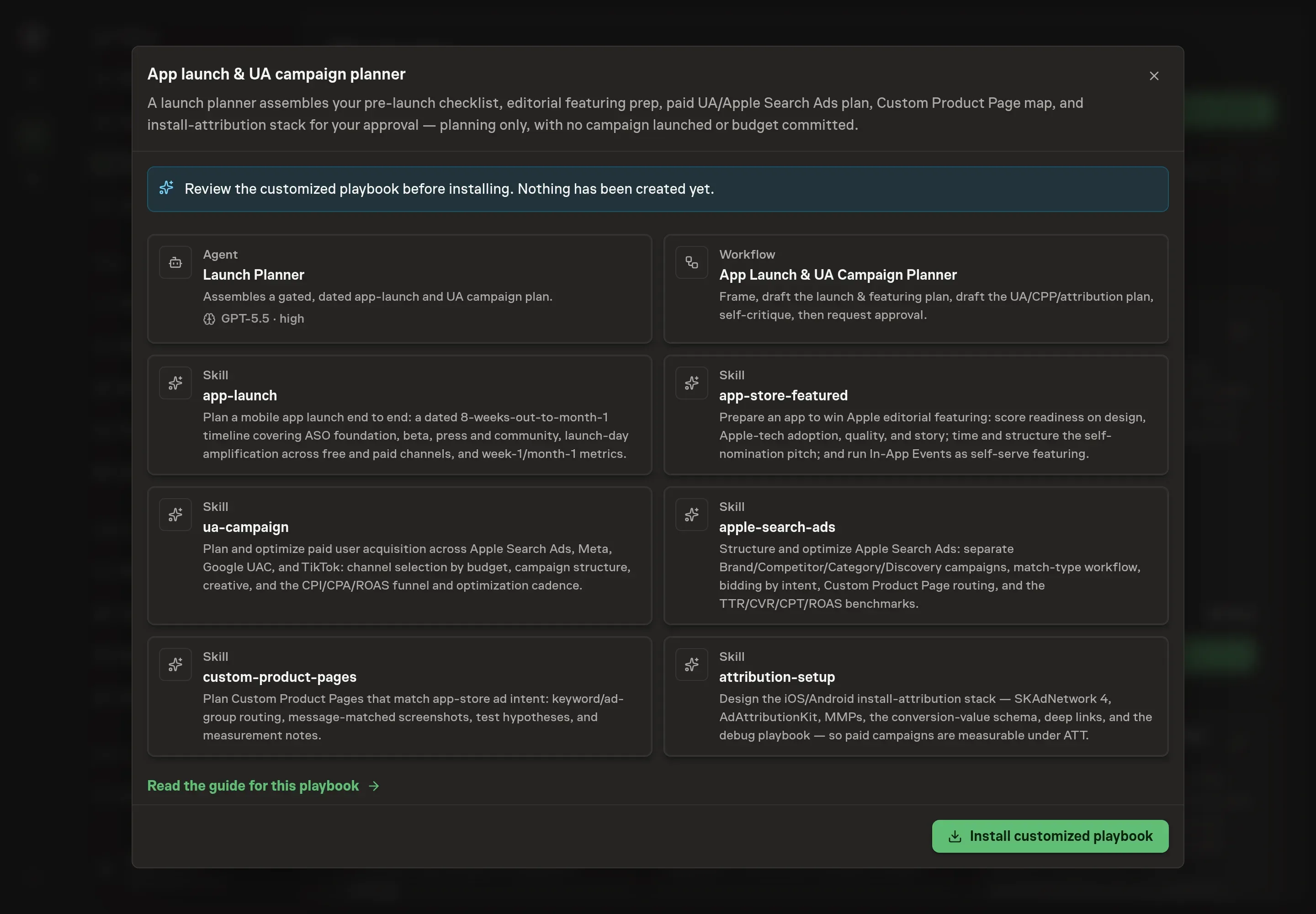 The review step showing the customized Launch Planner agent, the planning workflow, and the six skills, with a banner confirming nothing has been created yet
