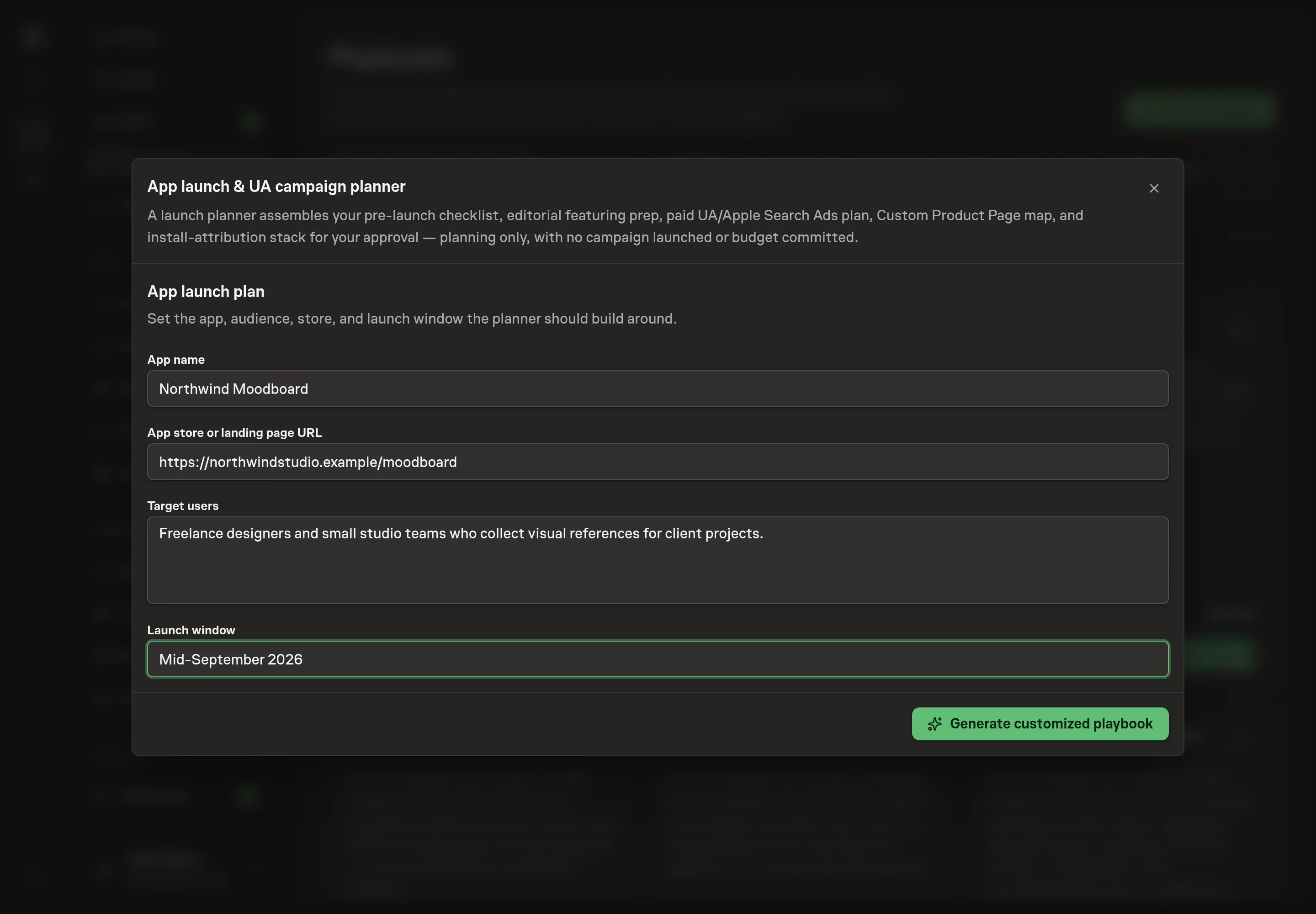 The setup form filled in with Northwind Moodboard as the app name, the studio's landing page URL, a target-user description, and a mid-September launch window