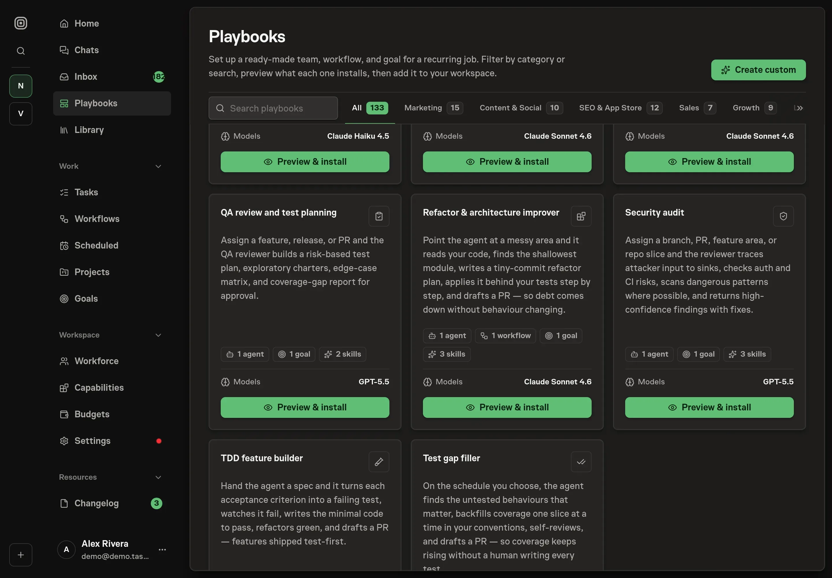 The playbook gallery with the QA review and test planning card in the Engineering category, listing one agent, one goal, and two skills