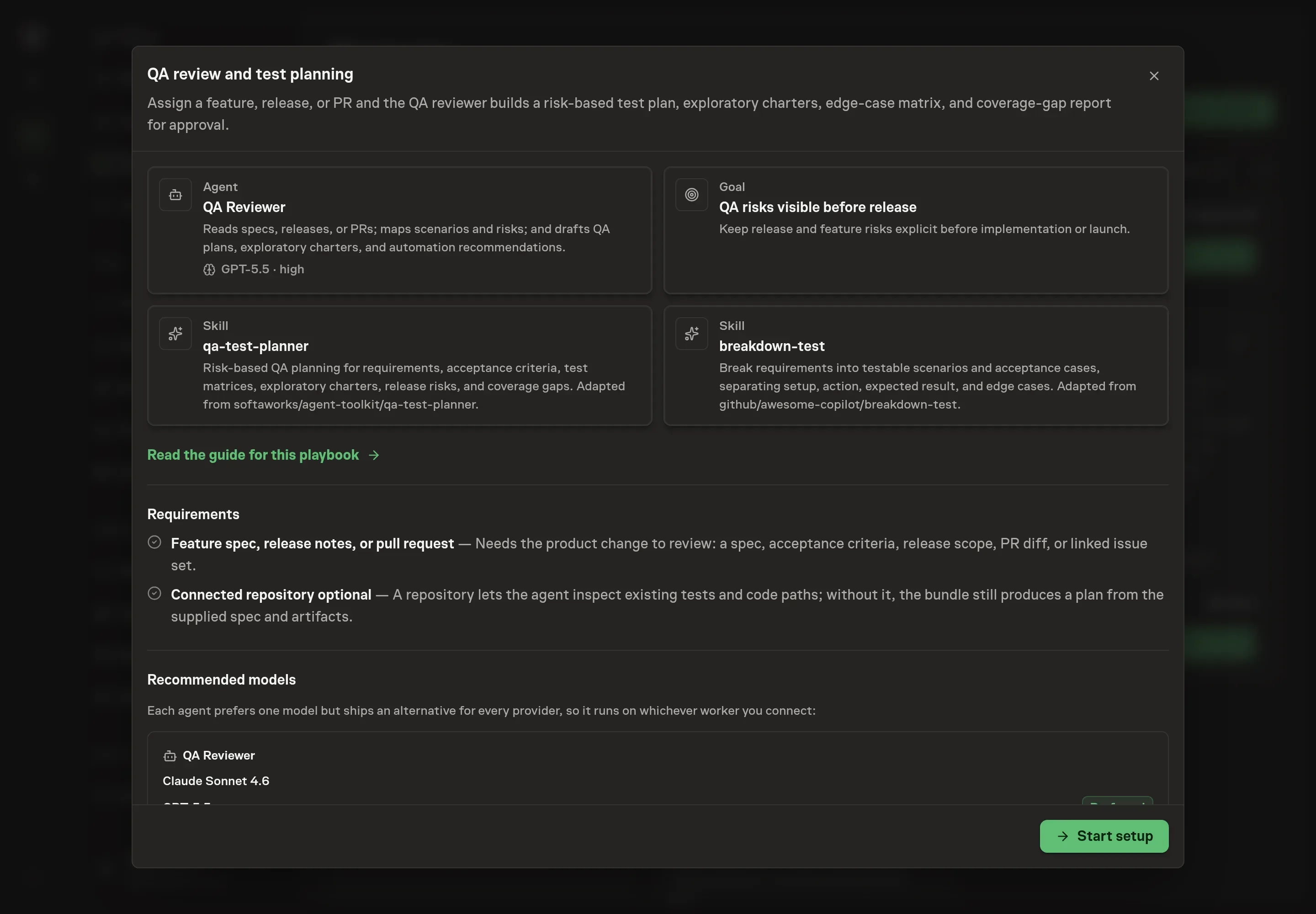 The QA review and test planning preview listing the agent, goal, skills, requirements, and Start setup button