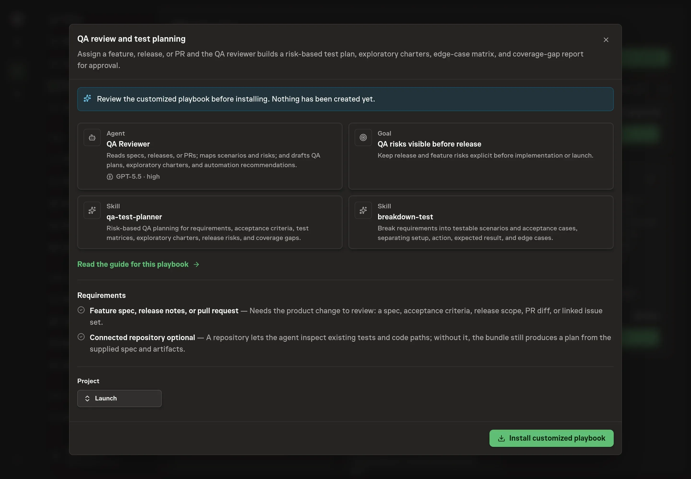 The review step showing the customized QA Reviewer, QA goal, and both QA planning skills before anything is created