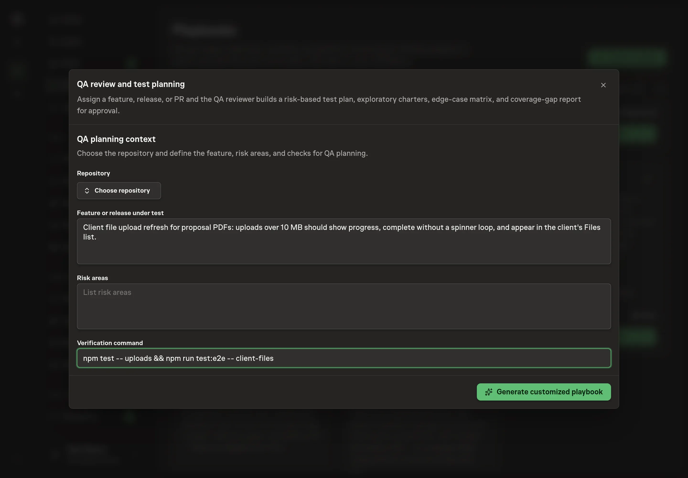 The setup form filled in with a repository, a client-portal file upload feature, risk areas, and an npm verification command