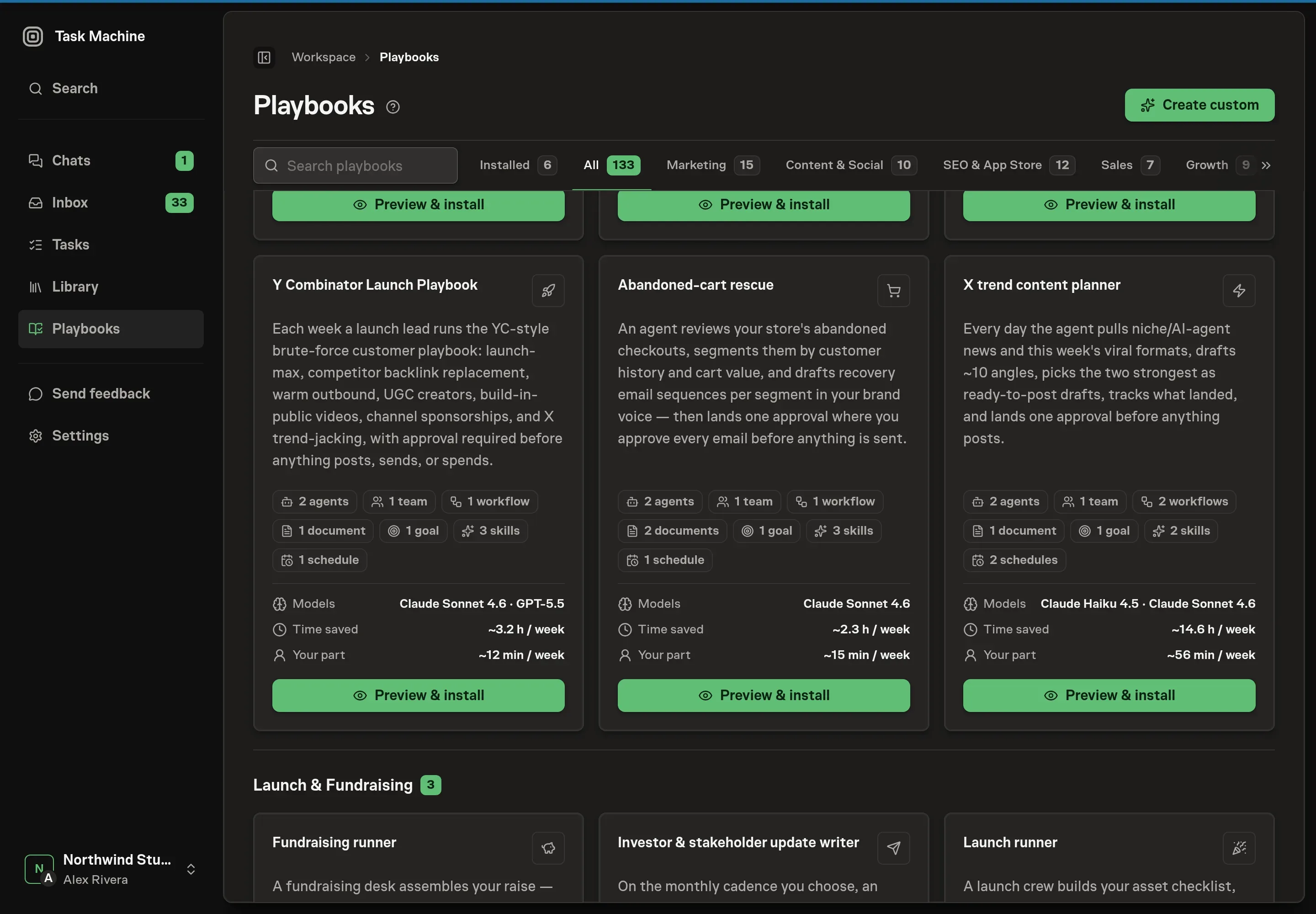The playbook gallery with the X trend content planner card in the Growth category, listing the agent, daily workflow, results log, skills, and schedule