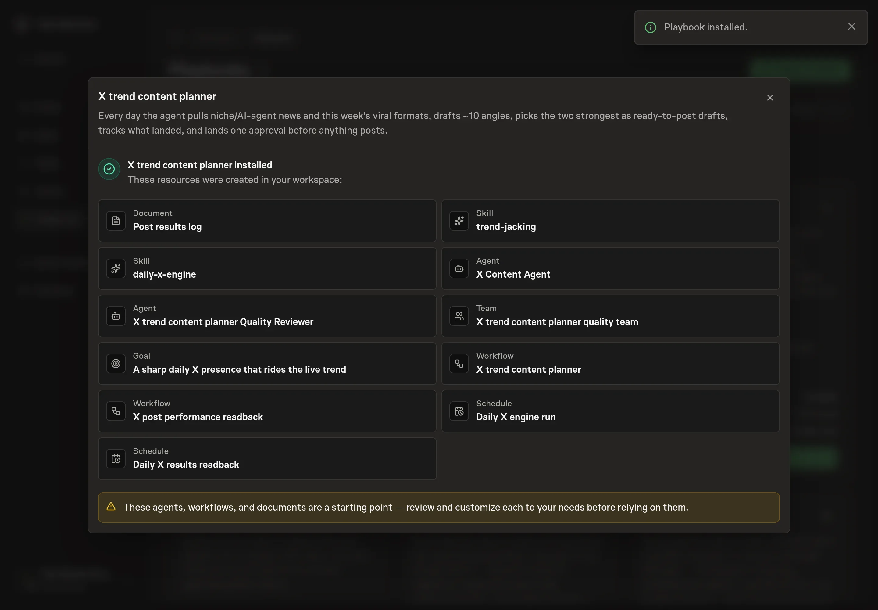 The install confirmation listing the X trend agent, post results log, skills, daily workflow, and schedule