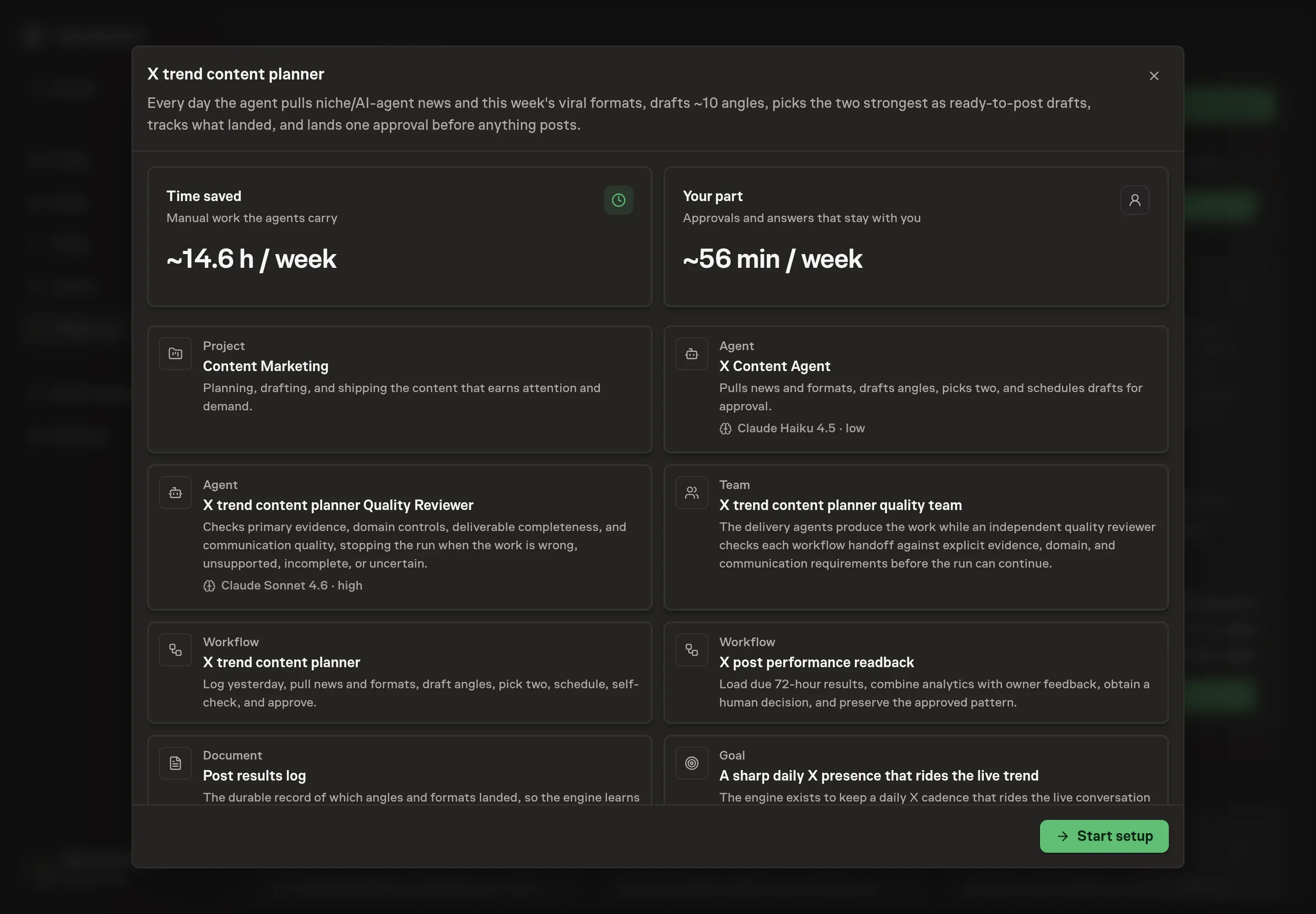 The X trend content planner preview listing the trend agent, daily workflow, post results log, skills, schedule, and Start setup button
