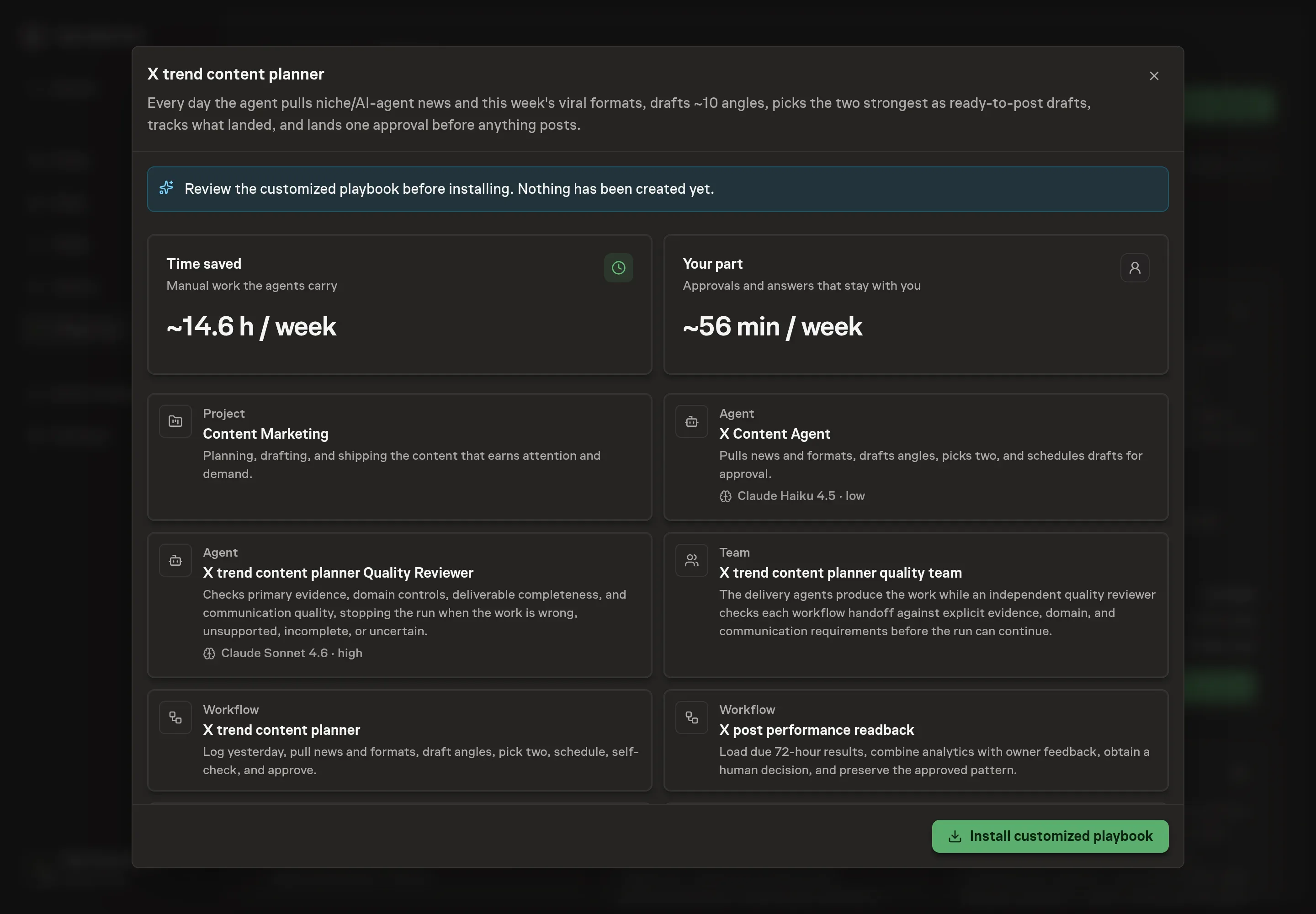 The review step showing the customized X trend agent, daily workflow, post results log, skills, and schedule before installation