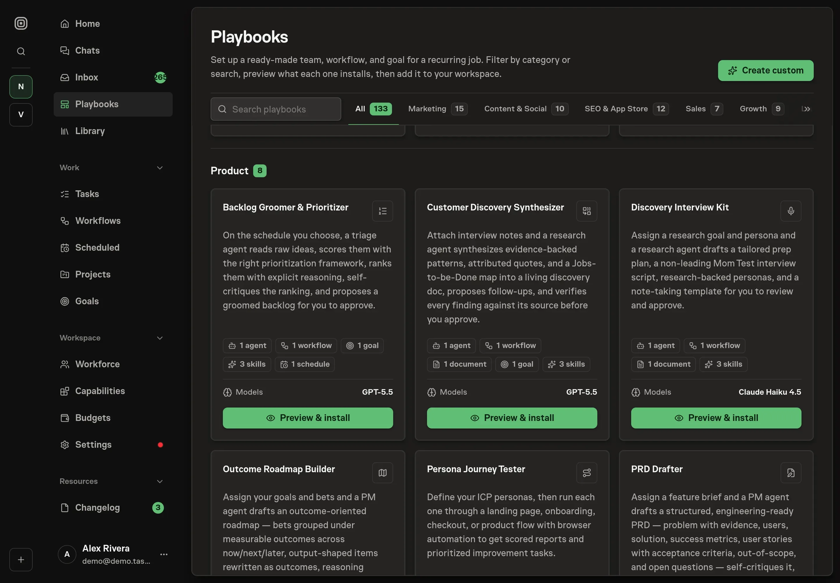 The playbook gallery with the Discovery Interview Kit card in the Product category, listing the researcher, workflow, document, and skills