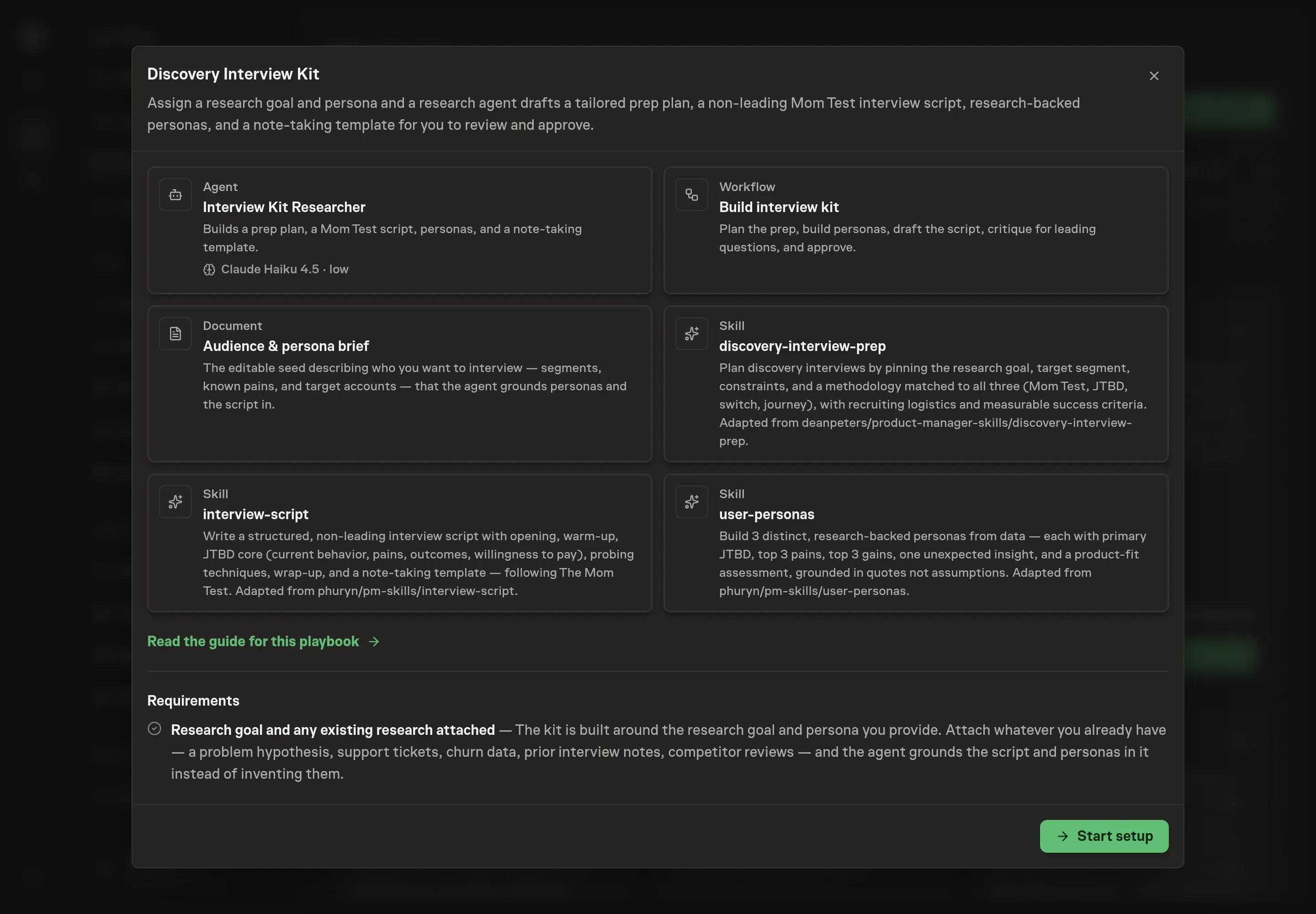 The Discovery Interview Kit preview showing the researcher agent, workflow, audience brief document, and discovery skills, with a Start setup button