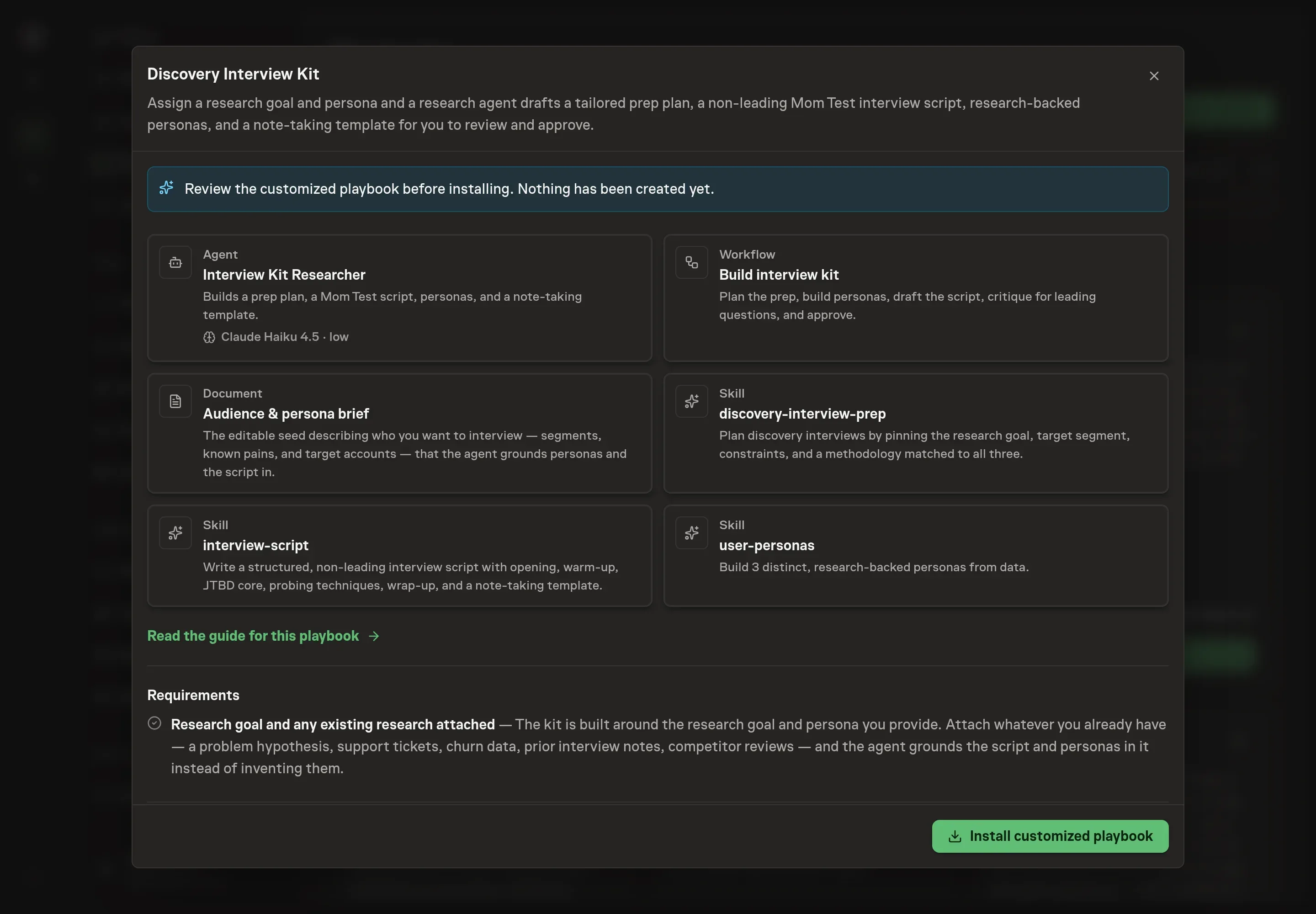 The review step showing the customized Discovery Interview Kit researcher, workflow, document, and skills before installation