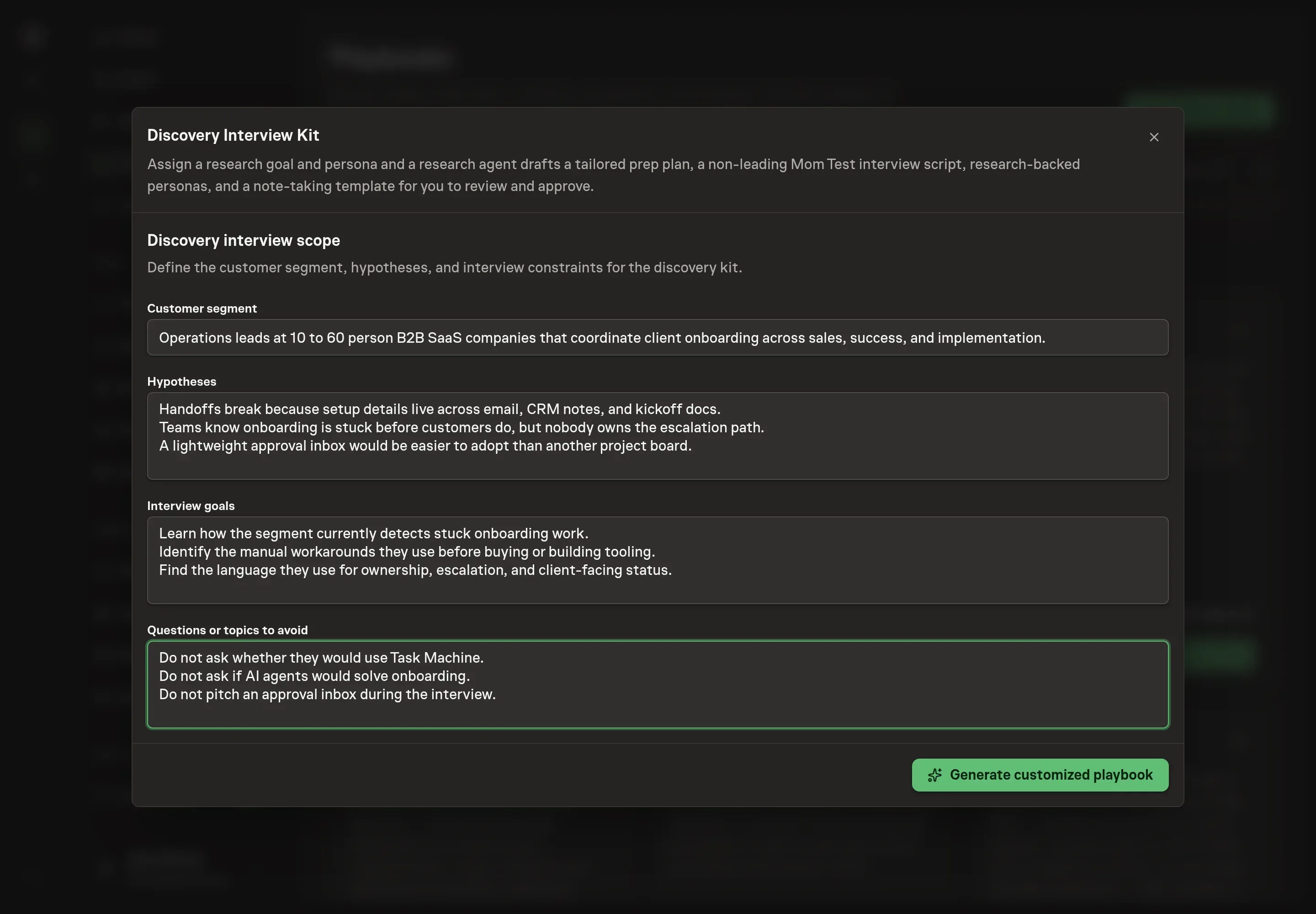 The setup form filled with Northwind Studio customer segment, hypotheses, interview goals, and topics to avoid