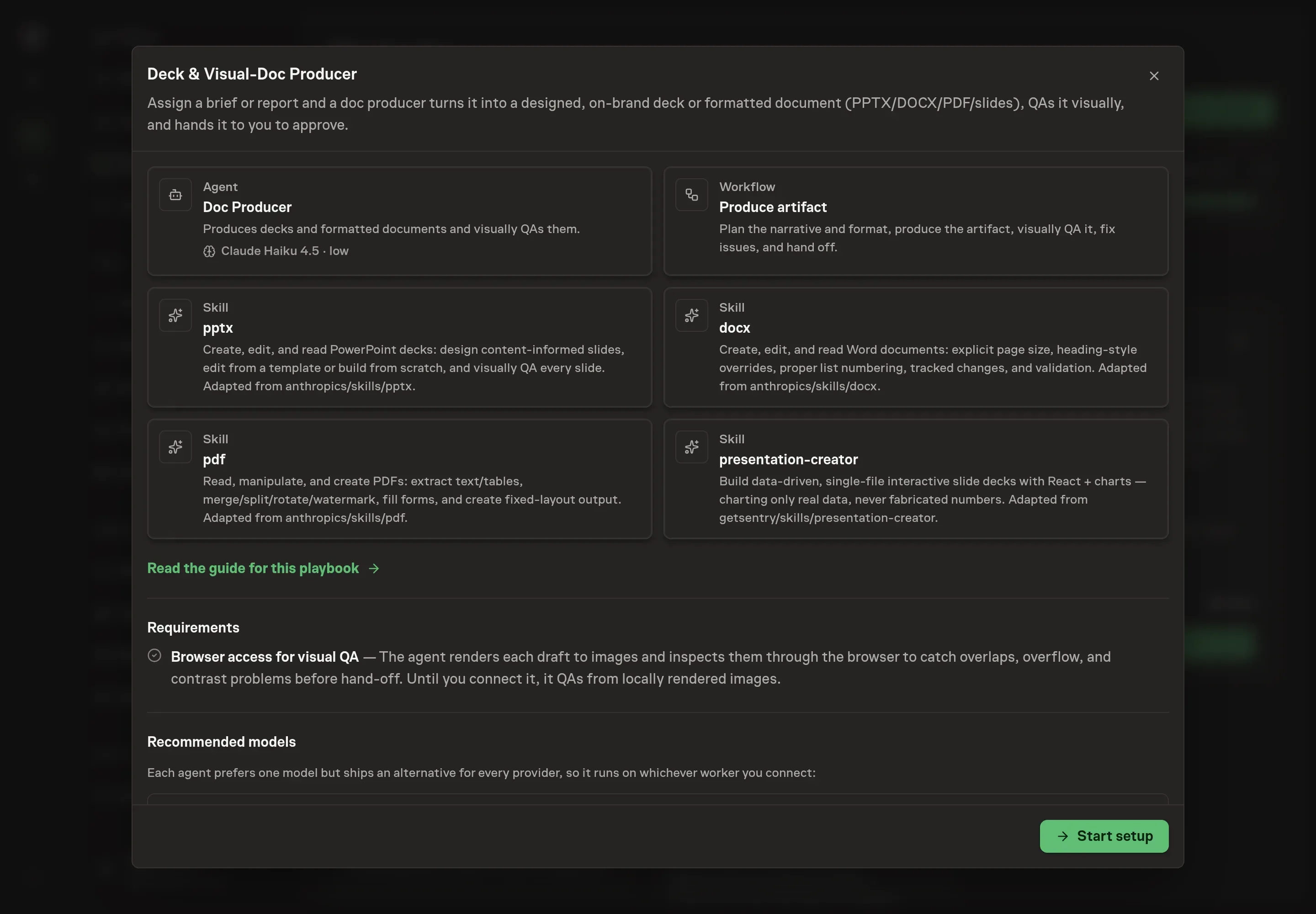 The Deck and Visual-Doc Producer preview showing the Doc Producer, Produce artifact workflow, and PPTX, DOCX, PDF, and presentation-creator skills, with a Start setup button