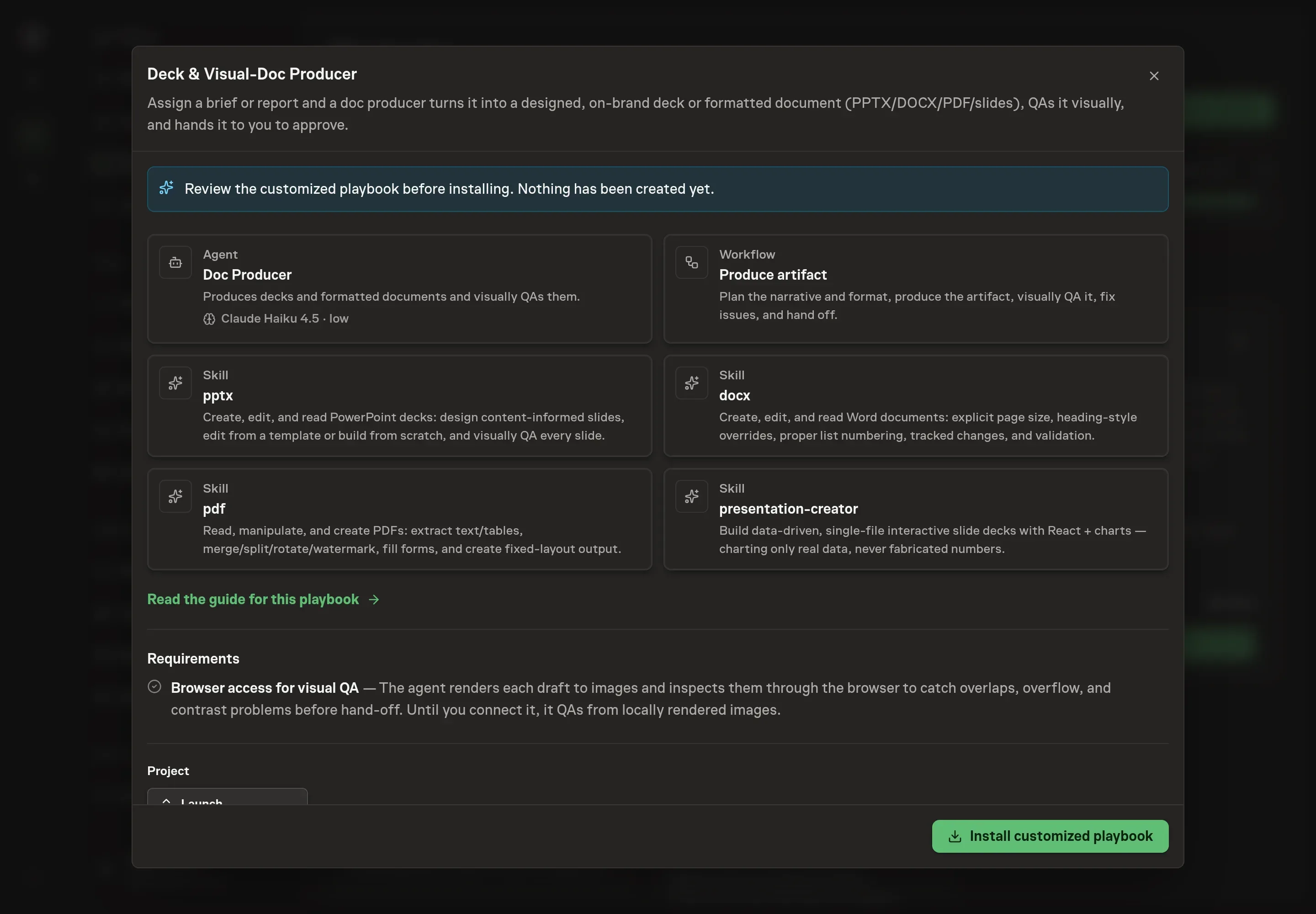The review step showing the customized Doc Producer, Produce artifact workflow, and format skills before anything is created