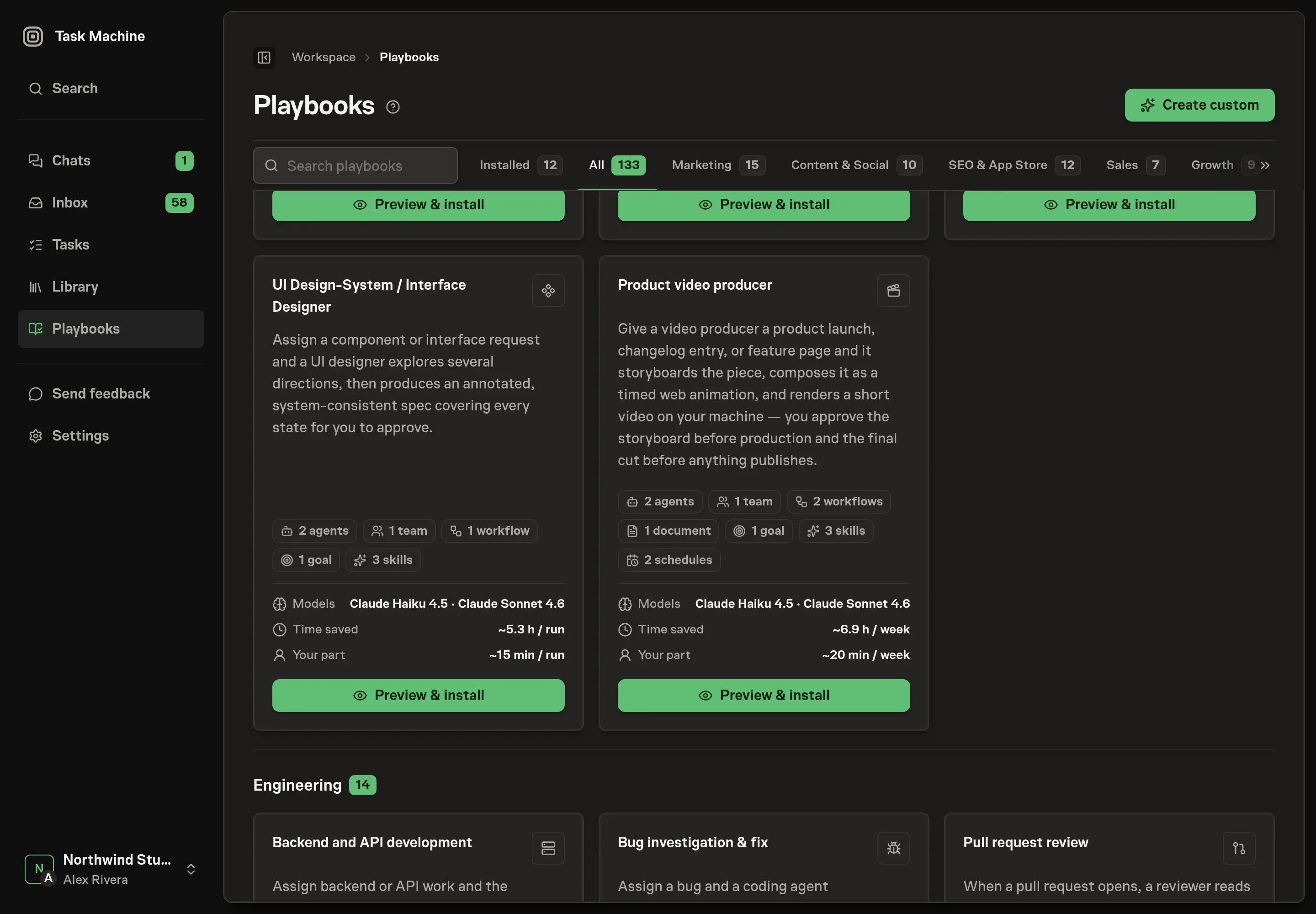 The playbook gallery with the Product video producer card in the Design category, listing the producer, workflow, video log, skills, schedule, and worker-machine requirements