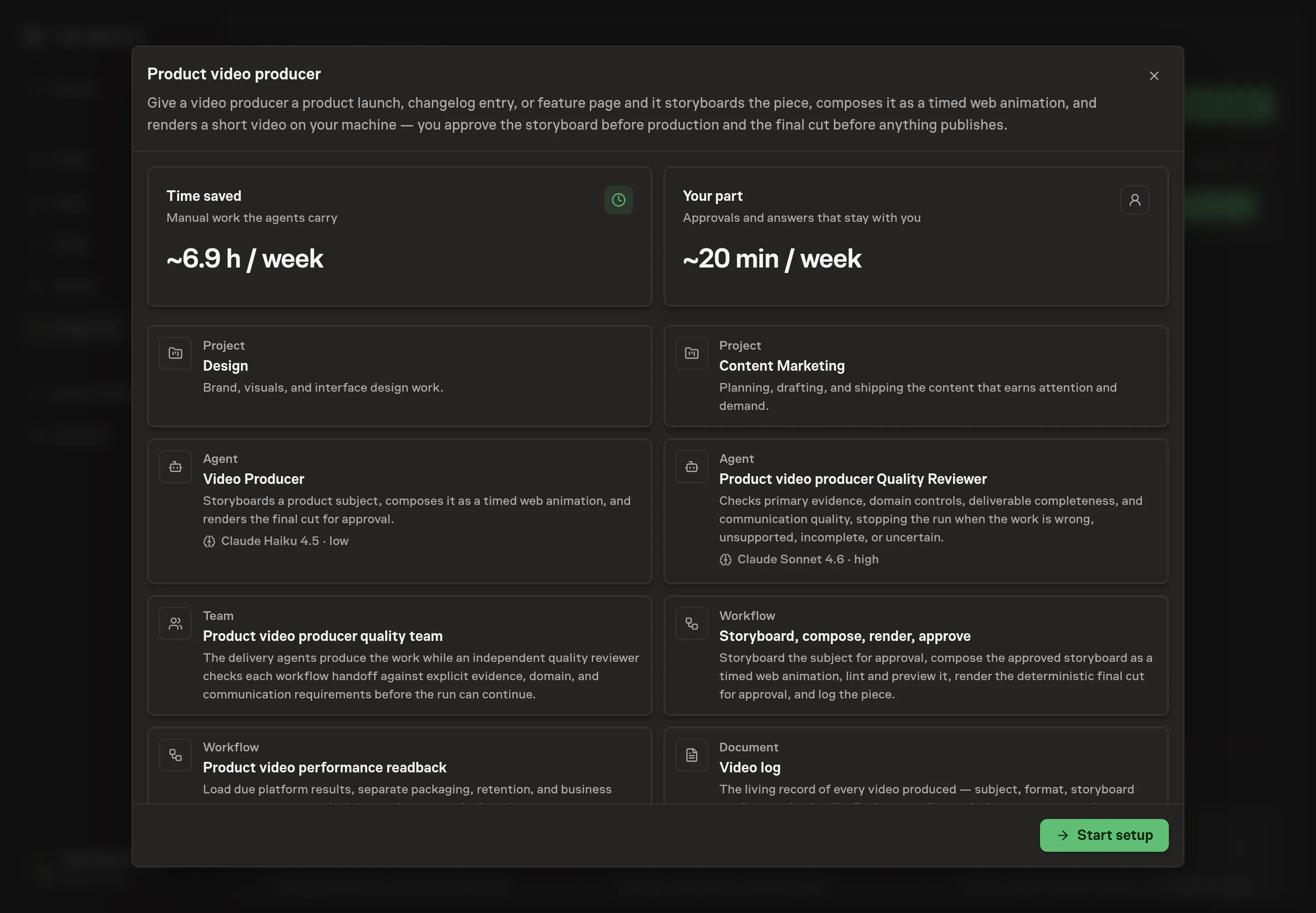 The Product video producer preview listing the video producer, storyboard and render workflow, video log, production skills, schedule, and Start setup button